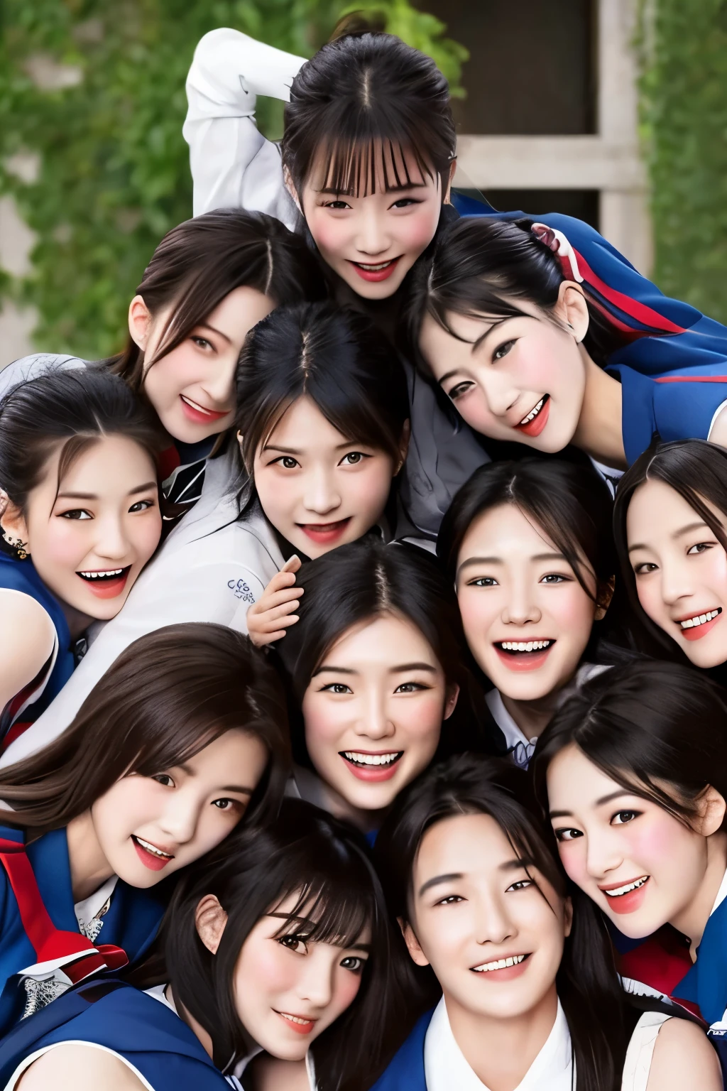 highest quality,masterpiece,detailed skin, detailed clothes,detailed face,20 cute girls,whole bodies,pile on,pile up,human tower