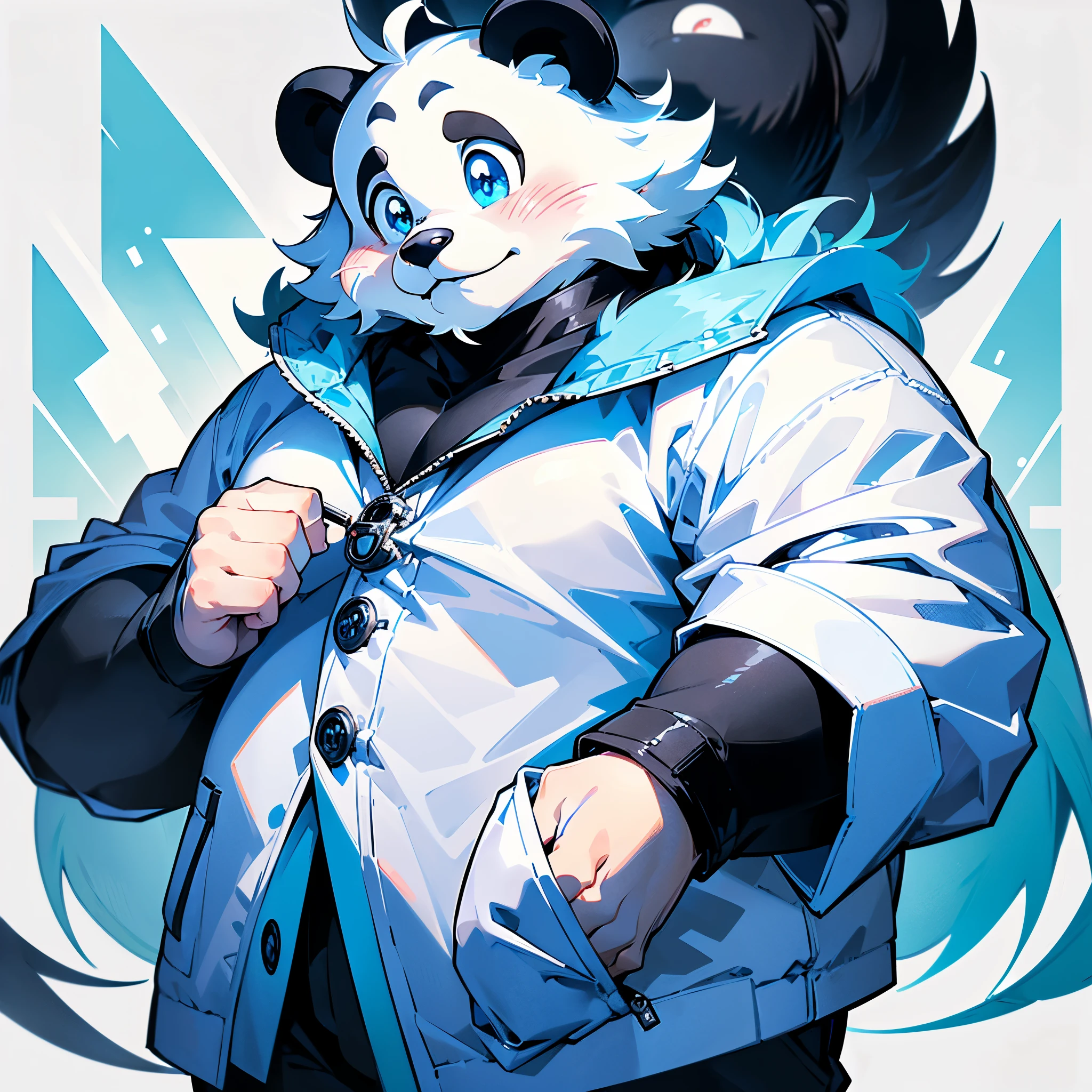 (masterpiece)，(Very detailed)，(best quality)，hairy，Giant Panda，fur，(blush:1.1)，peaceful，((Gentle expression))，Temple Background，8k，(high quality)，(Ultra HD)，(Ultra Detailed)，male，Age 18 years，Slightly plump figure,Cute and handsome,Very kind face。Round and cute cheeks。Green pupil in the left eye,Right eye blue pupil。Black and white fur。Sagging eyes。The hair on the left arm and left hand is pure white fur。Wearing a white shirt with a navy blue collar,With a white coat,The upper part of the coat has some light blue ink gradient,Wearing grey trousers,Wearing blue and white sneakers。
