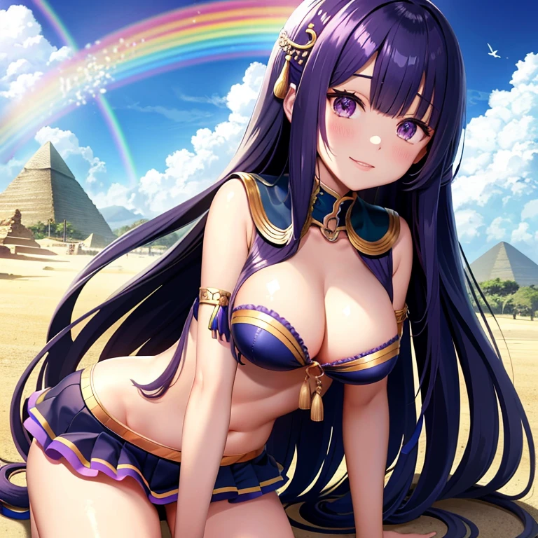 A rainbow hangs over the blue sky,Cleopatra,Egypt,pyramid,Interested々,Dacchuno,cute,Ai Fukuhara,Purple long hair,Purple clothes,Large breasts