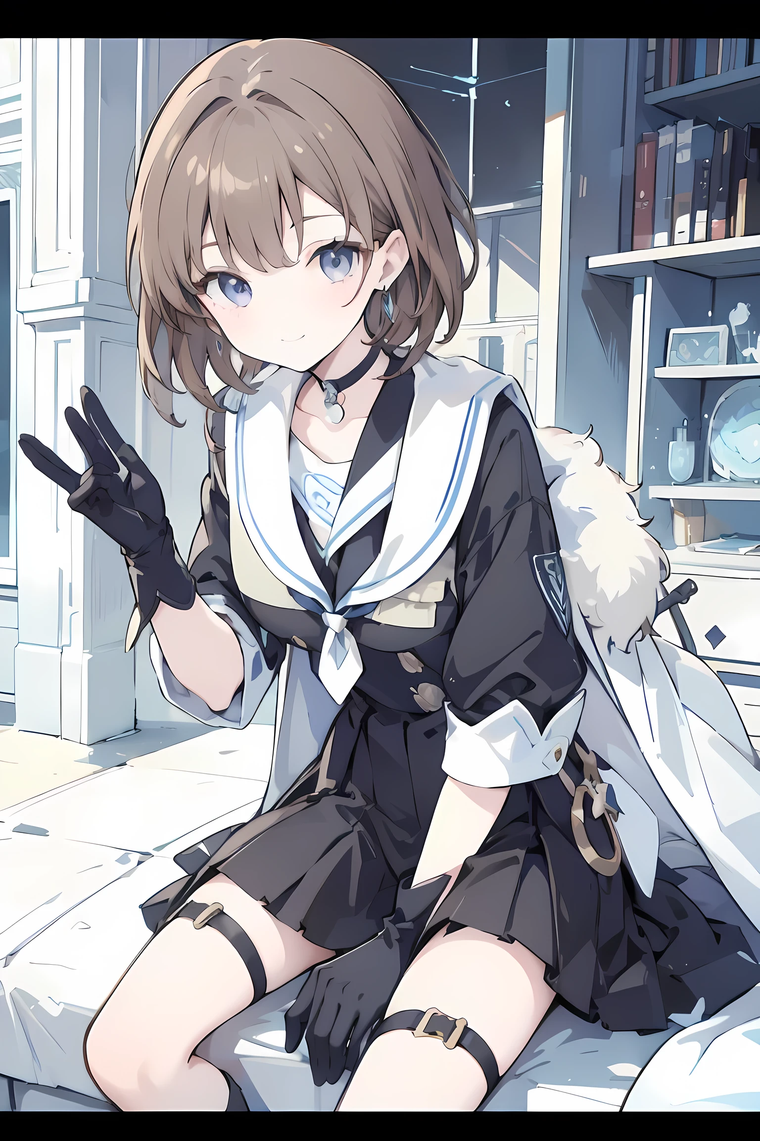 1girl, anime_coloring, black_eyes, black_gloves, brown_hair, choker, earrings, gloves, jewelry, letterboxed, parody, short_hair, smile, solo, style_parody,