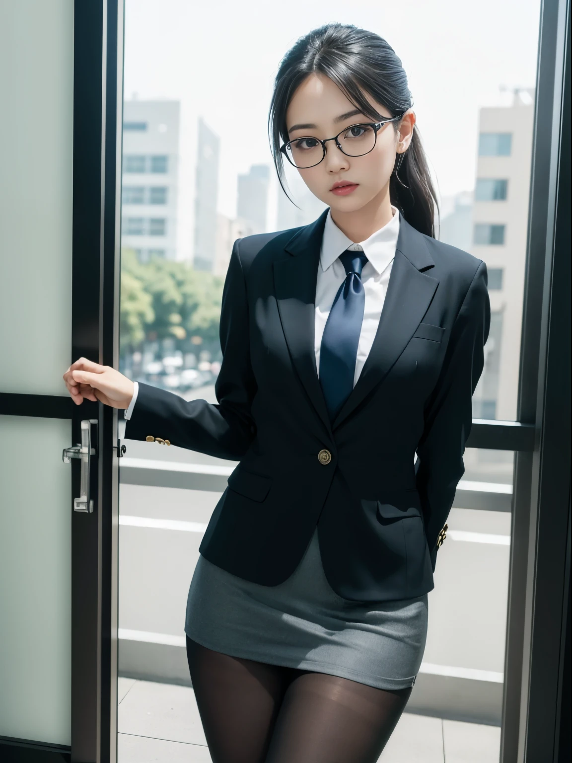 alone、solo、OL in her 20s in office uniform posing for a photo、(Black Pantyhose)、(Half Up),victory、Tsundere、Single knot、OL、suit、blue mini skirt、anger、small、Glasses、slim girl model photo、physical:the smallest middle-aged man in history、female model、Japanese female fashion model、(8k、RAW photo、highest quality、masterpiece:1.2)、(real、photorealistic:1.37)、Super detailed、Ultra high definition、office Street、 standing position、whole body、((((SEXY)))