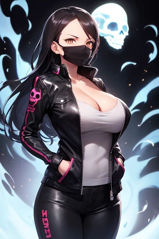 ((1girl)), perfect face, ghost rider, black hair, long hair hair, brown eyes, blue flames, ((dark background)), ((facing forward)), cowboy shot, ((skull mask)), in the center, ((cleavage)), ((standing)), ((hands in pockets)), ((perfect hands, correct number of fingers)), ((modern clothes)),