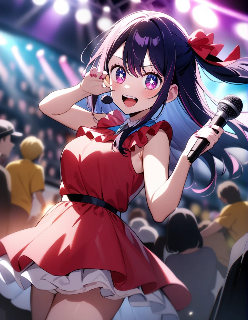 1girl, hoshino ai \(oshi no ko\), oshi no ko
, masterpiece, best quality, very aesthetic, absurdres, idol, Stage, microphone, crowd, looking at viewer