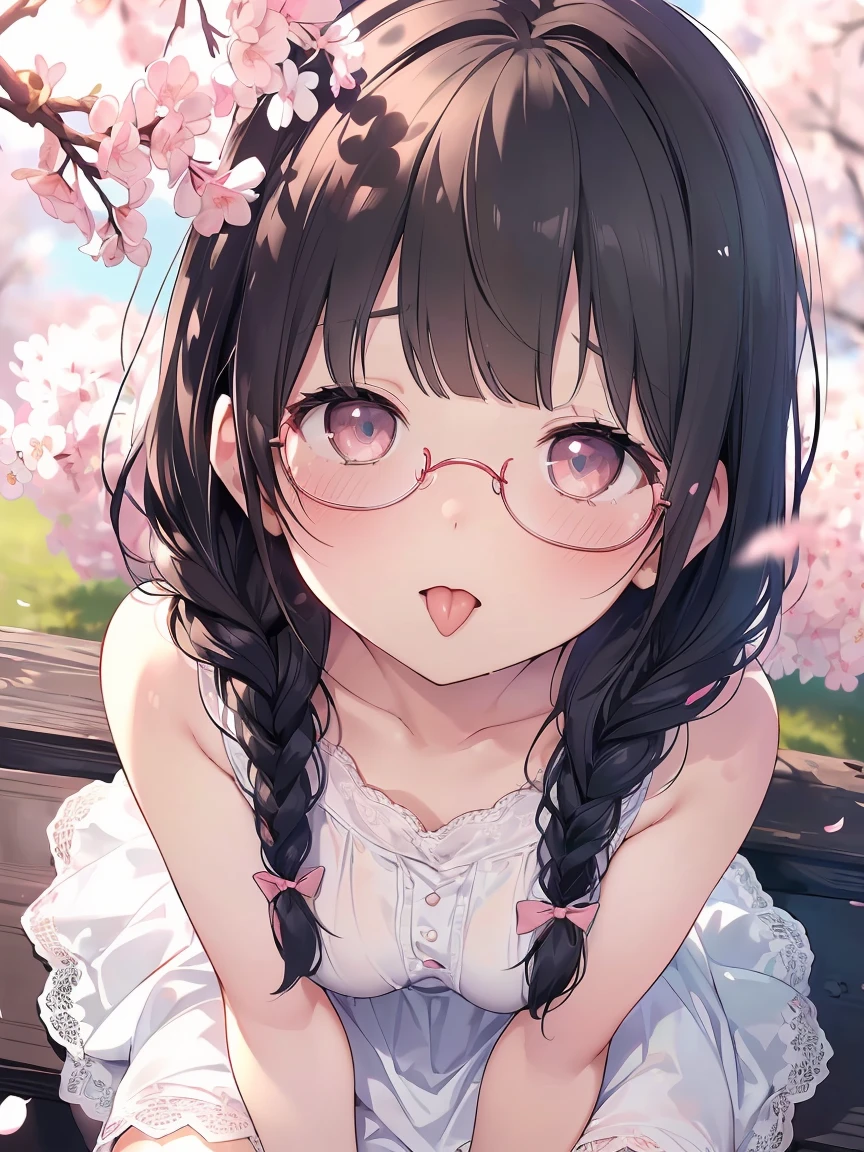 Very detailed, highest quality, High resolution, Moe Anime, ((A cute elementary school girl with black hair and droopy eyes)), ((Wearing large round glasses:1.4)), (Baby Face), Cute eyes, Detailed eye depiction, Sparkle in the eyes, View your viewers, Pale skin, (Big eyes:1.4, Droopy eyes:1.4, Fatty face:1.4), smile, Focus on the face, In the park with cherry blossoms falling, Sitting, (Extreme close up of tongue), (((From above))), Open your mouth, (((Face only:1.3))), ((white lace sleeveless dress)), Bright Eyes, Light from the front, (Put your hands between your legs:1.4), large and long tongue, Cleavage, Braided Hair, Pink ribbon