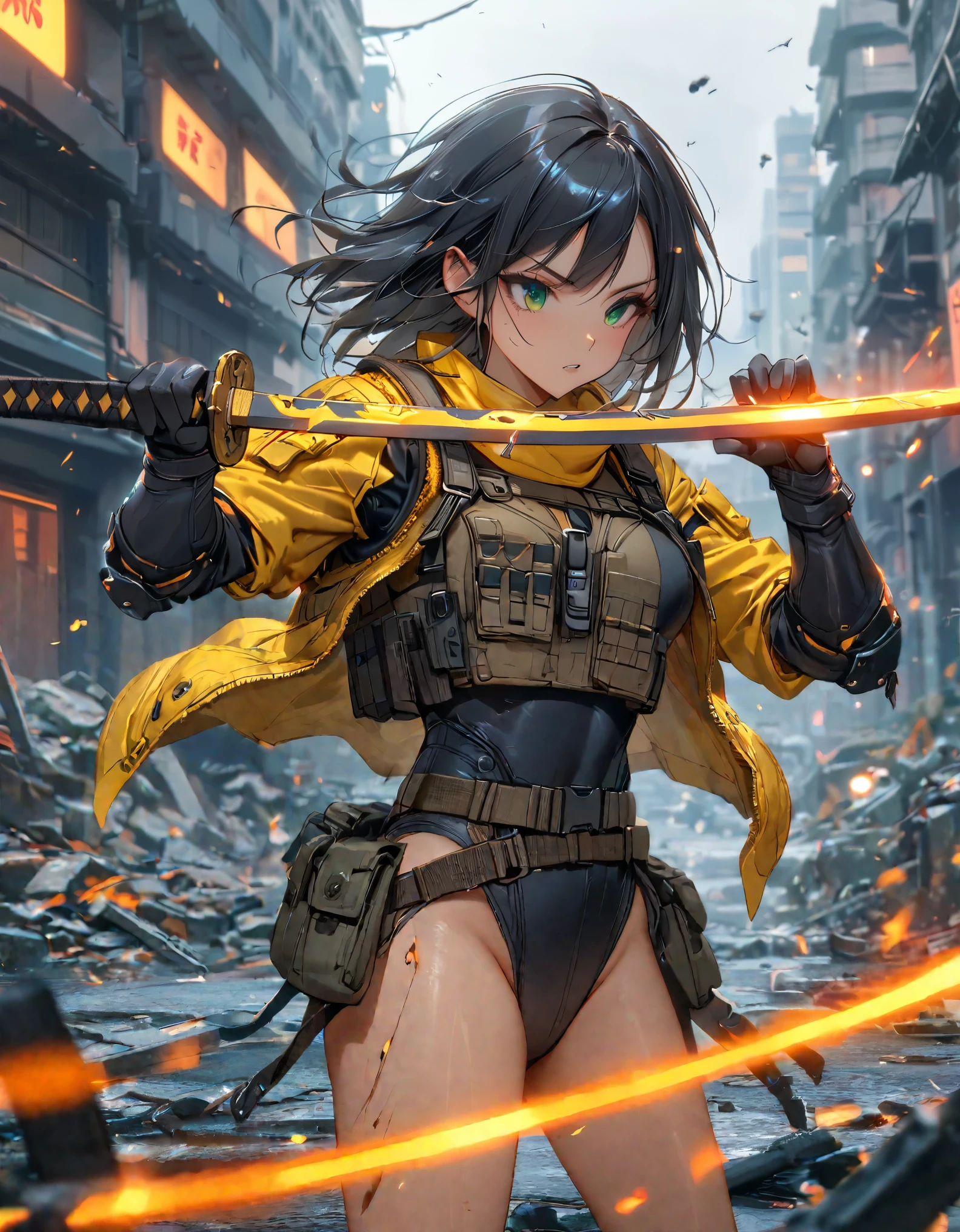 1 girl, solo, solo focus, close up shot, (black hair, medium hair, medium breasts, green eyes), ninja, perfect anatomy, city, cyberpunk style, ((load-bearing vest, belt, black gloves, black leotard, bare legs, yellow combat boots, matching boots)), ((dynamic action pose)), war, ruined city, battlefield, rubble, building, (holding weapon, katana), cowboy shot, body induced with black aura