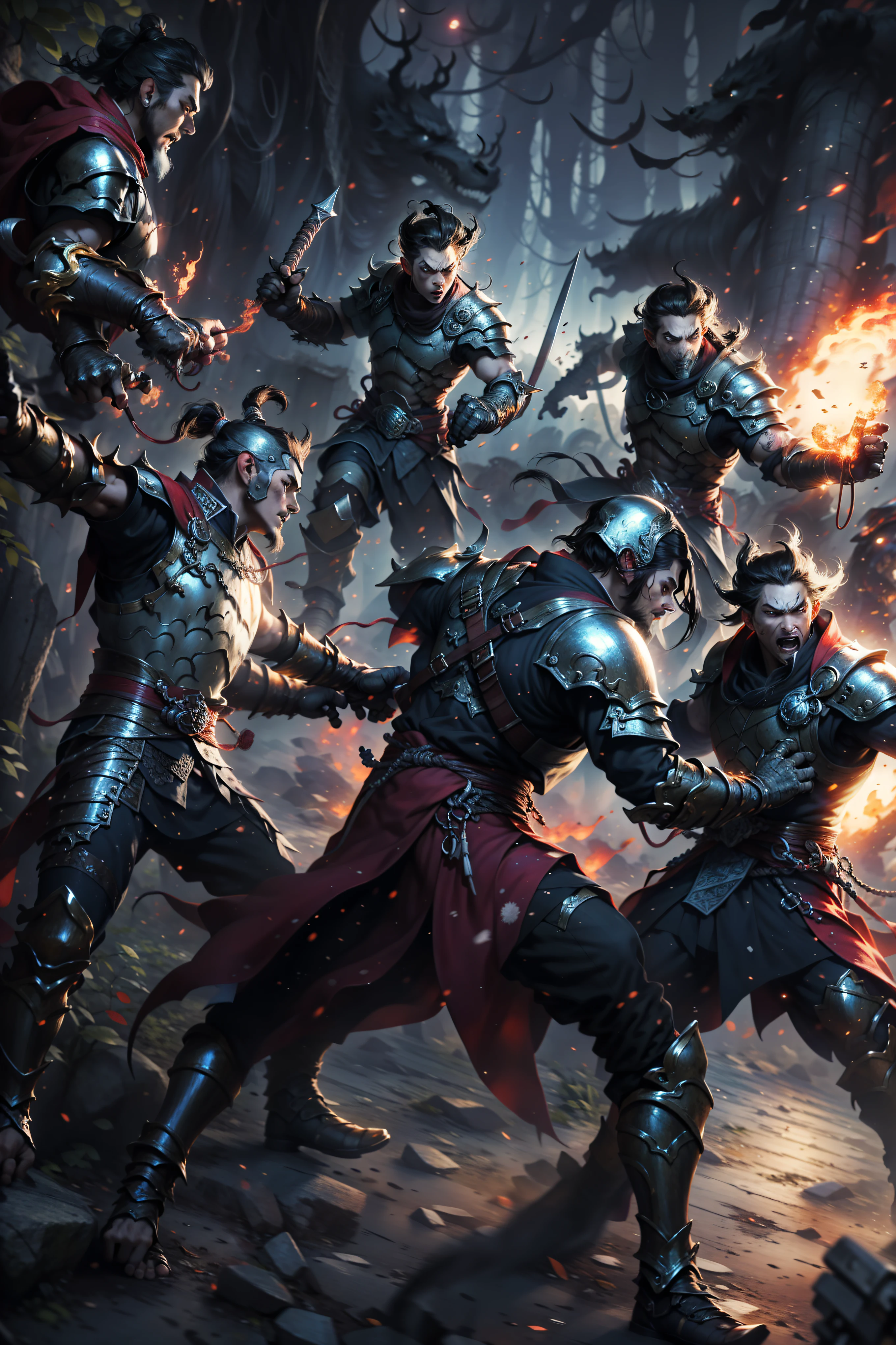 (8K) (Artstation is very detailed), there are three people in the picture, all wearing lava masks and armor, ancient Chinese armor, epic battle scenes, the dark part of the armor has the pattern of Chinese Loong, gold armor, and the dark part of the character has rich details. The background is a Chinese style fantasy scene, with full screen and ultra detailed studio lighting, ultra fine painting, clear focus, physics based rendering, extremely detailed description, professional, bright colors, scattered scenes, landscape, fiery red and dark black,