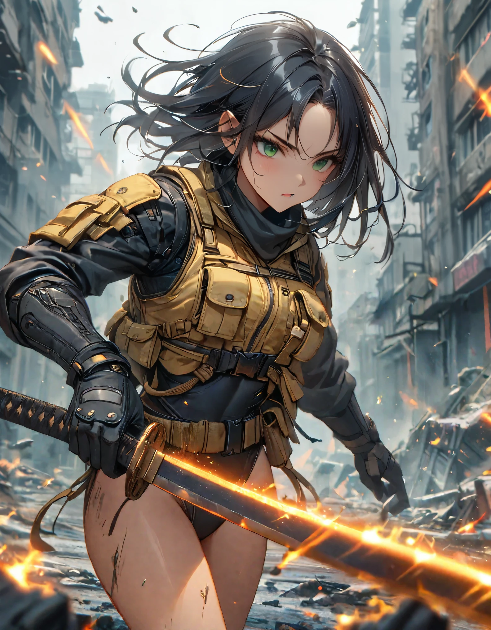 1 girl, solo, solo focus, close up shot, (black hair, medium hair, medium breasts, green eyes), ninja, perfect anatomy, city, cyberpunk style, ((load-bearing vest, belt, black gloves, black leotard, bare legs, yellow combat boots, matching boots)), ((dynamic action pose)), war, ruined city, battlefield, rubble, building, (holding weapon, katana), cowboy shot, body induced with black aura