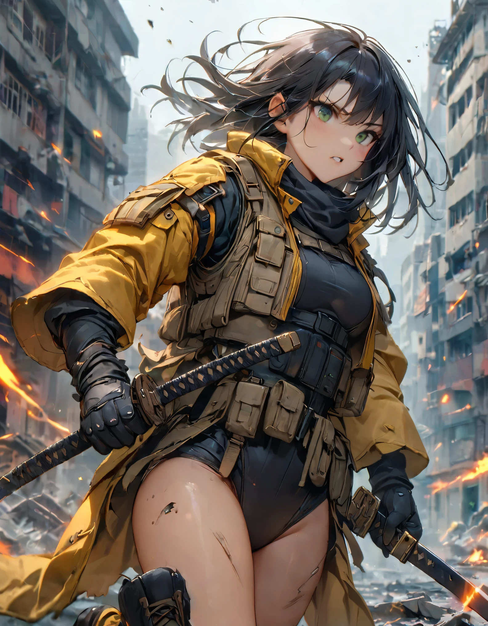 1 girl, solo, solo focus, close up shot, (black hair, medium hair, medium breasts, green eyes), ninja, perfect anatomy, city, cyberpunk style, ((load-bearing vest, belt, black gloves, black leotard, bare legs, yellow combat boots, matching boots)), ((dynamic action pose)), war, ruined city, battlefield, rubble, building, (holding weapon, katana), cowboy shot, body induced with black aura
