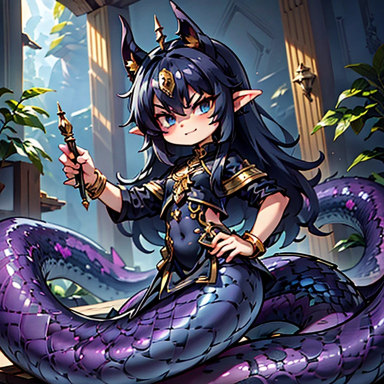 (Superflat, Flat Shading),Lamia Queen\(cute,kawaii,,Geeky feel,Black Scales,Arrogant and sharp gaze,Intimidating posture,Blue pattern on the scales,long fluffy black hair,Gold Chain Mail,bracelet,Taking an arrogant stance on the royal throne,evil smile,Barbaric style,very cute,dynamic pose,\), BREAK ,Dark fantasy,dynamic wide view,full body,High angle,quality\(8k,wallpaper of extremely detailed CG unit, ​masterpiece,hight resolution,top-quality,top-quality real texture skin,hyper realisitic,increase the resolution,RAW photos,best qualtiy,highly detailed,the wallpaper,cinematic lighting,ray trace,golden ratio,\),dynamic angle,(nsfw:0.7),better hand