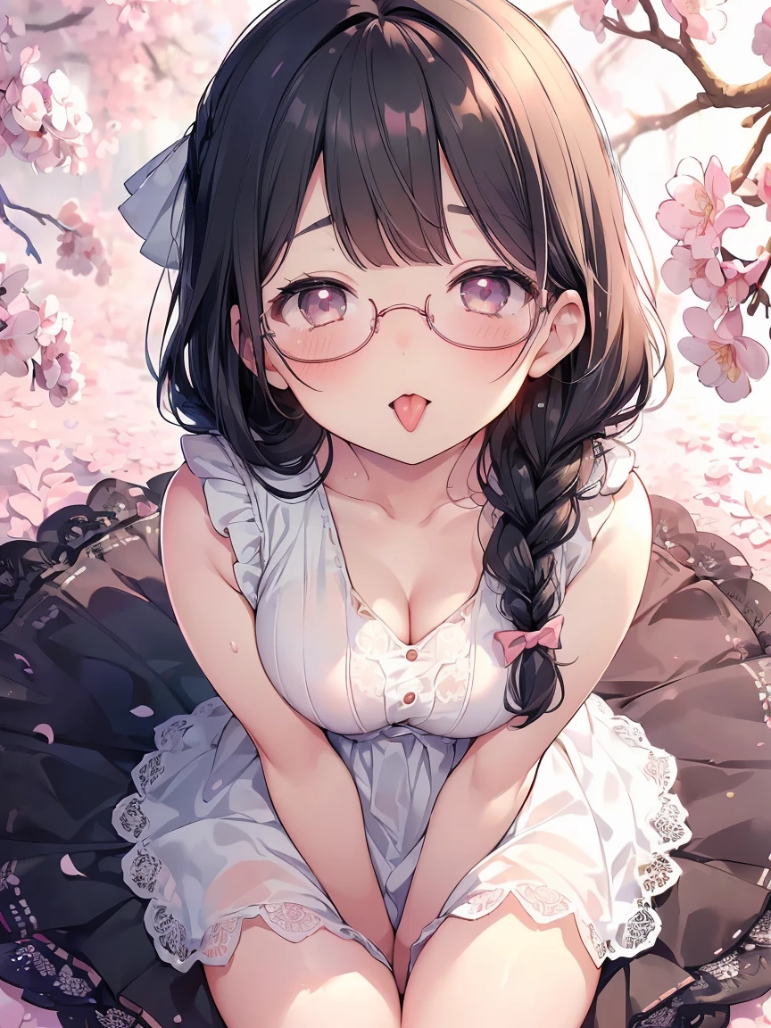 Very detailed, highest quality, High resolution, Moe Anime, ((A cute elementary school girl with black hair and droopy eyes)), ((Wearing large round glasses:1.4)), (Baby Face), Cute eyes, Detailed eye depiction, Sparkle in the eyes, View your viewers, Pale skin, (Big eyes:1.4, Droopy eyes:1.4, Fatty face:1.4), smile, Focus on the face, In the park with cherry blossoms falling, Sitting, (Extreme close up of tongue), (((From above))), Open your mouth, (((Face only:1.3))), ((white lace sleeveless dress)), Bright Eyes, Light from the front, (Put your hands between your legs:1.4), large and long tongue, Cleavage, Braided Hair, Pink ribbon