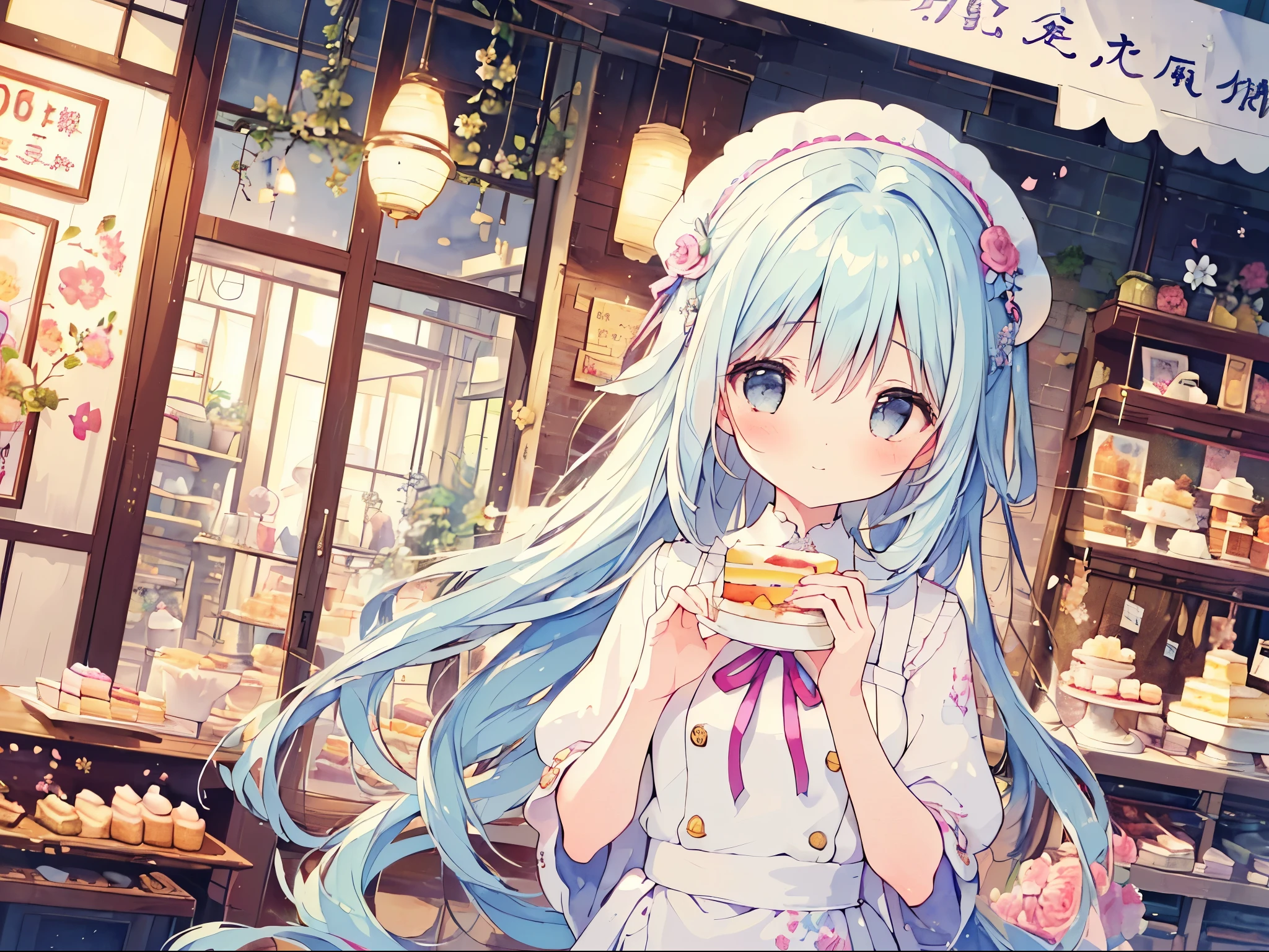 flat chest,masterpiece, best quality, extremely detailed, (illustration, official art:1.1), 1 girl ,(((( light blue long hair)))), light blue hair, , blunt bangs,10 years old, long hair ((blush)) , cute face, big eyes, masterpiece, best quality,(((((a very delicate and beautiful girl))))), small Girl,Amazing,beautiful detailed eyes,blunt bangs((((little delicate girl)))),tareme(true beautiful:1.2), ,,, affectionate smile,(8K, Raw photography, top-quality, masterpiece:1.2),Creative and endearing image,Think of your dream girlfriend as your dream lover and lifelong partner,((A simple and hard-working cake shop girl,She is holding cake,Smile warm and welcoming,Embodying the role of a warm and generous saleswoman,Her facial features are gentle and beautiful,The expression is kind、Tempting)),This artistic expression combines wisdom、Beauty and hardworking character,(She wears the uniform of a saleswoman:1.3),Casual and charming,Very suitable for the environment of a cake shop,Tempting and joyful expression。The background is a cozy and warm cake shop,Full of various cakes and pastries,Create a sweet and warm atmosphere。The overall style blends realism with a touch of whimsy,captured a sweet、The essence of a hard-working cake shop girl, (floral watercolor painting:1.5),(Super high saturation, bright and vivid colors:1.5), (Look at the audience head-on:1.5)