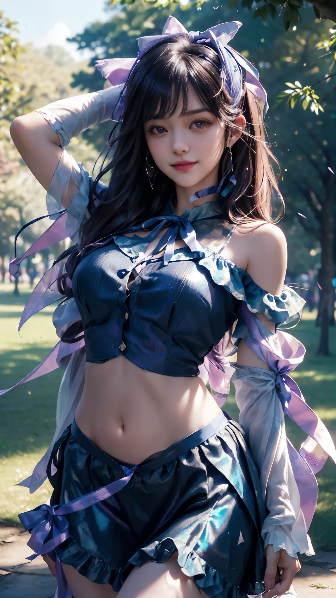 (ultra-realistic realism), (illustratio), (A high resolution), (8K), (The is very detailed), (Best Illustration), (Beautifully detailed eyes), (top-quality), (ultra - detailed), (tmasterpiece), (HD Color), 1 girl, ((24 years old girl)), (A detailed face), solo, 1 girl in, looking at viewert, finedetail, A detailed face, in the darkness nigth, deep shading, low tune, pureerosfaceace_V1, A smile, white shawl ,straight hair, 46-point diagonal bangs, (beautiful stomach, strips), (shining ribbon:1.5), (cropped shoulders), (in the park:1.5), lake, cute sitting pose, 2 finger pose,