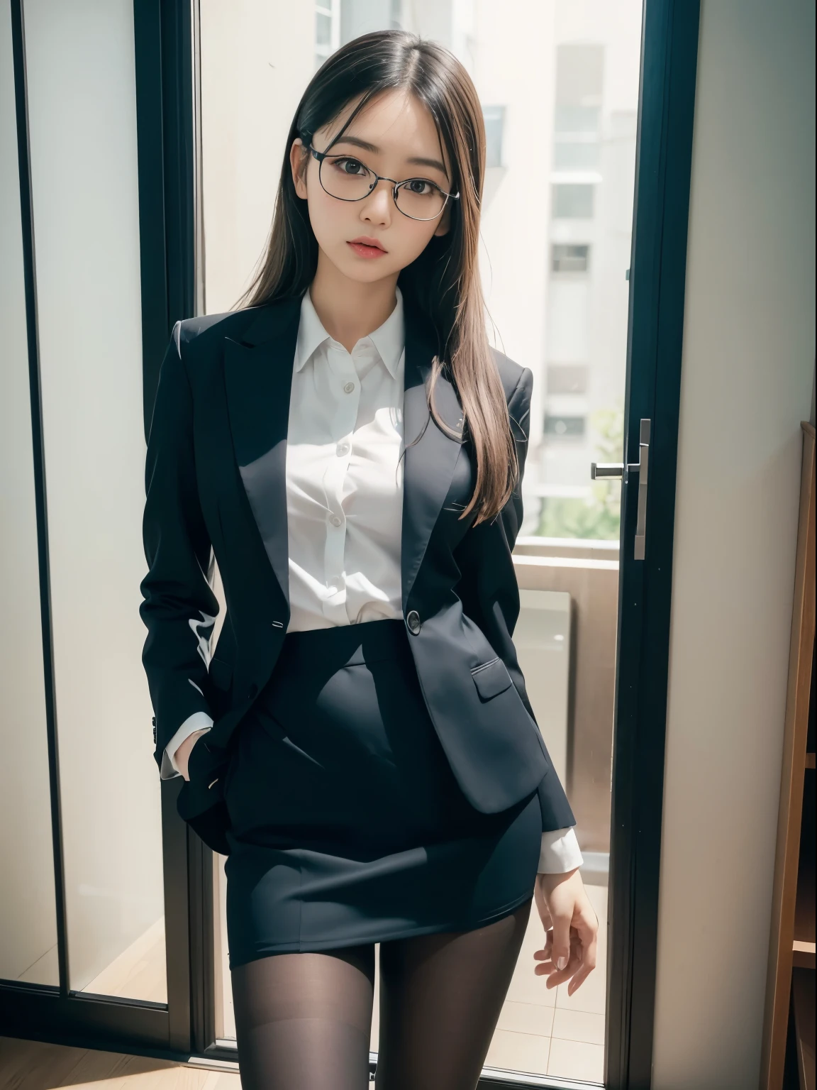 alone、solo、OL in her 20s in office uniform posing for a photo、(Black Pantyhose)、(Half Up),victory、Tsundere、Single knot、OL、suit、blue mini skirt、anger、small、Glasses、slim girl model photo、physical:the smallest middle-aged man in history、female model、Japanese female fashion model、(8k、RAW photo、highest quality、masterpiece:1.2)、(real、photorealistic:1.37)、Super detailed、Ultra high definition、office Street、 standing position、whole body、((((SEXY)))