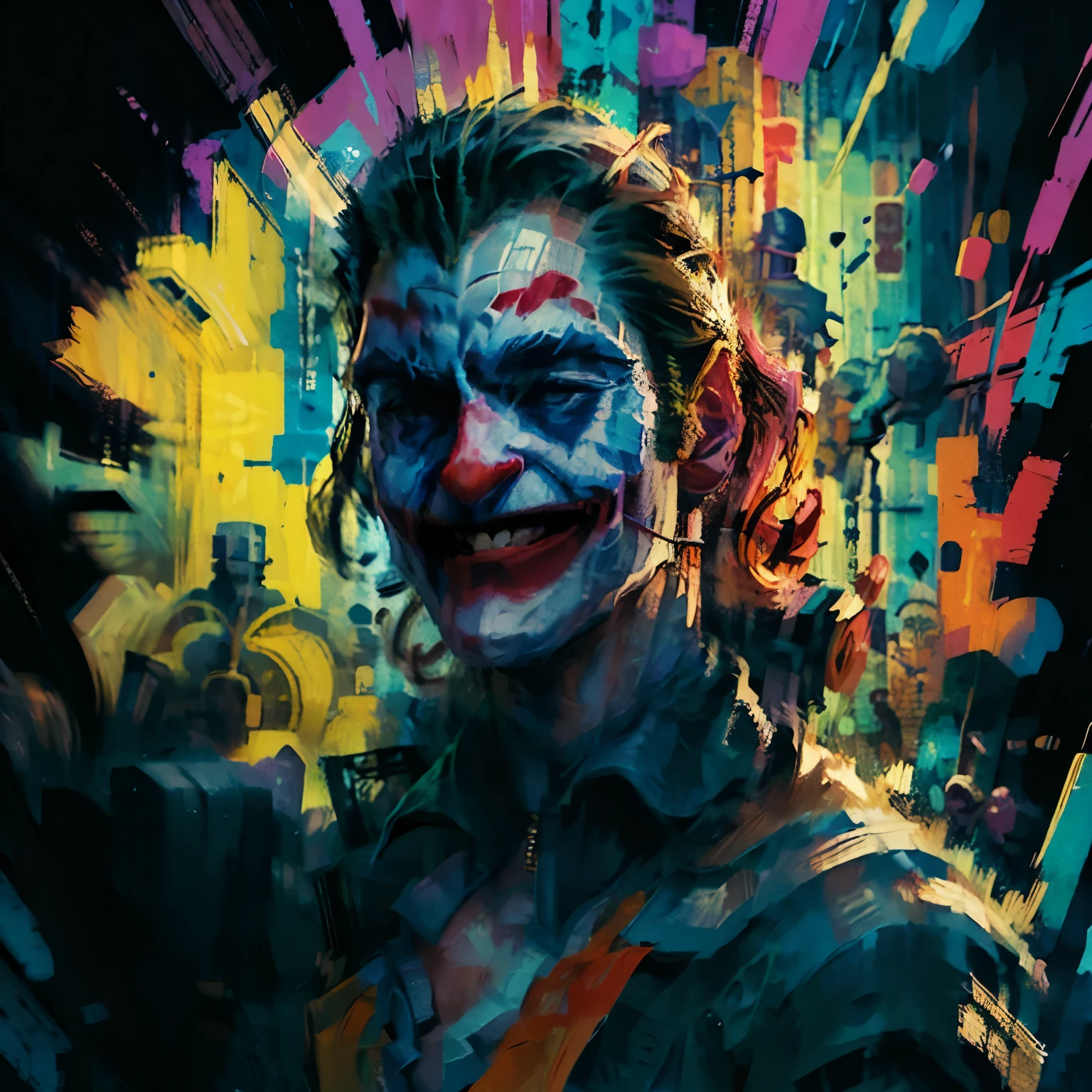 The Marvel Comics style, the Joker, a dark background, an evil laugh, portraits of punk thugs with graffiti splattered around them, latex material with rainbow colors shining brightly, cyberpunk elements and strong volumetric lighting effects are combined with pulp illustration-like realistic techniques and movie-level shooting skills that feature distinct contrast between light and shadow。