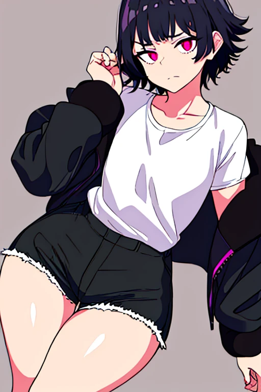 highest quality, one femboy, short cut black hair, thick eyebrows, black eye, Wearing shorts, Wearing a black jersey, wears an open fur-lined jacket, flat chest, wearing a white T-shirt, thick thighs, wide hips, Stinking eyes, Three white eyes, anime, human red eyes and purple eyes with sad expression