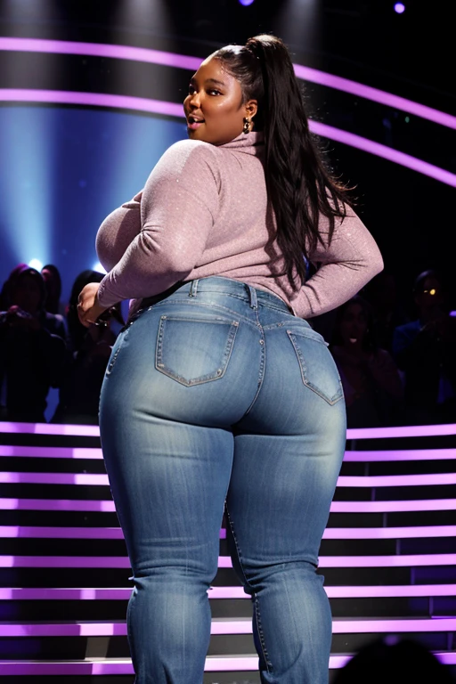 lizzo, a dark skinned big-boned woman wearing turtleneck sweater and jeans pants, singing on a stage, ass, back view, spread ass, 