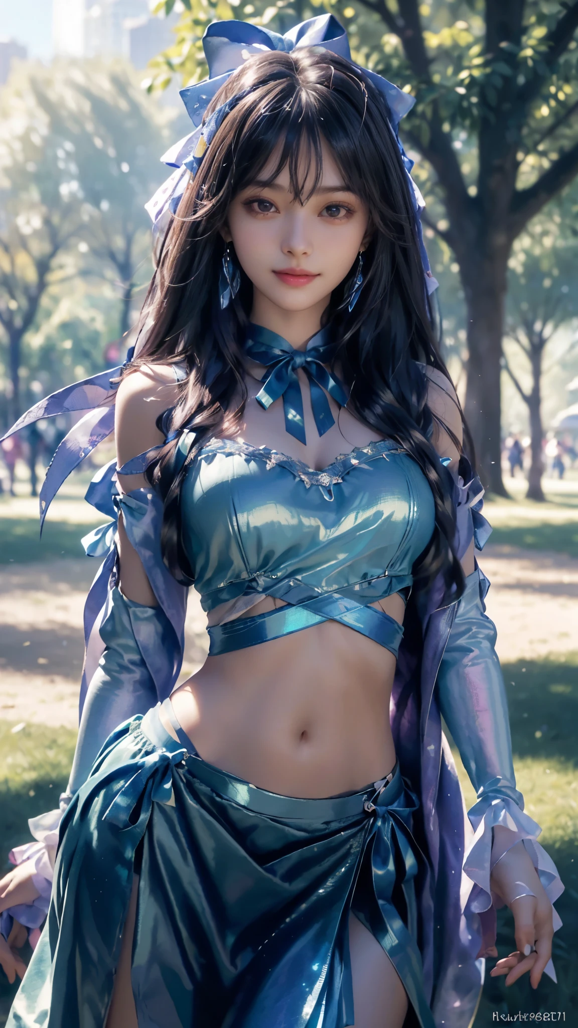 (ultra-realistic realism), (illustratio), (A high resolution), (8K), (The is very detailed), (Best Illustration), (Beautifully detailed eyes), (top-quality), (ultra - detailed), (tmasterpiece), (HD Color), 1 girl, ((24 years old girl)), ((glosy skin)), (A detailed face), solo, 1 girl in, looking at viewert, finedetail, A detailed face, in the darkness nigth, deep shading, pureerosfaceace_V1, A smile, indigo shawl ,straight hair, 46-point diagonal bangs, (beautiful stomach, strips), (shining ribbon:1.5), (cropped shoulders), (in the park:1.5), ((simple pose)),