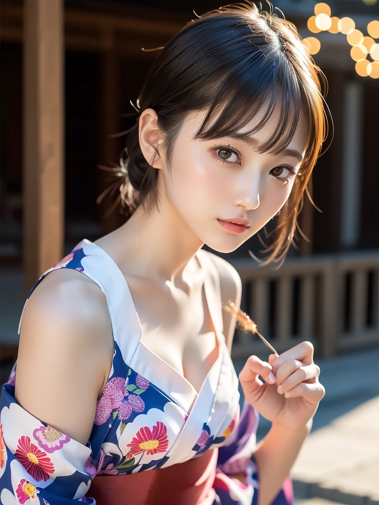 (highest quality:1.5)、(Real:1.5)、(1 person:1.5)、Medium Shot、(Very detailed)、(High resolution)、8k、Normal milk、Natural color lip、Japanese women、24 year old girl、Thin eyebrows、Beautiful and elegant face、Cute face、Arched thin eyebrows、(Large, balanced eyes)、Big Eyes、Fair skin、Beautiful and elegant face、Natural Bangs、Beautiful and thin nose、 Beautiful Skin、Medium Bob Hair、Natural Bangs、Perfect and beautiful facial features、Slim face and figure、(Bright lighting)、Professional Lighting、(Lighting from the front)、Outdoor、Beautiful cleavage、1 personの少女、Cute and sexy slim 24 year old woman、Fair skin、(A dreamy look)、(Floral Yukata)、(Normal milk)、(A simple pose facing forward)、(Beautiful Obi)、Beautiful clavicle、(Brightly colored fireworks burst into flames at a night festival)、summer、