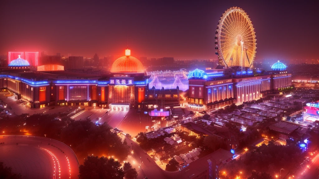 Night view of a Chinese city with a Ferris wheel in the background, nice image, high resolution, wide angle panorama,, night shot, mall background, wide field of view,