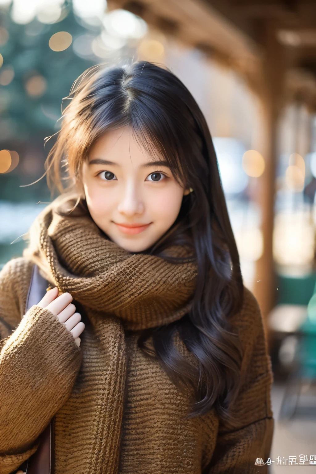 19 years old, College girl, Indoors, Front-facing　Cute winter clothes upper body　 up of face　Beautie