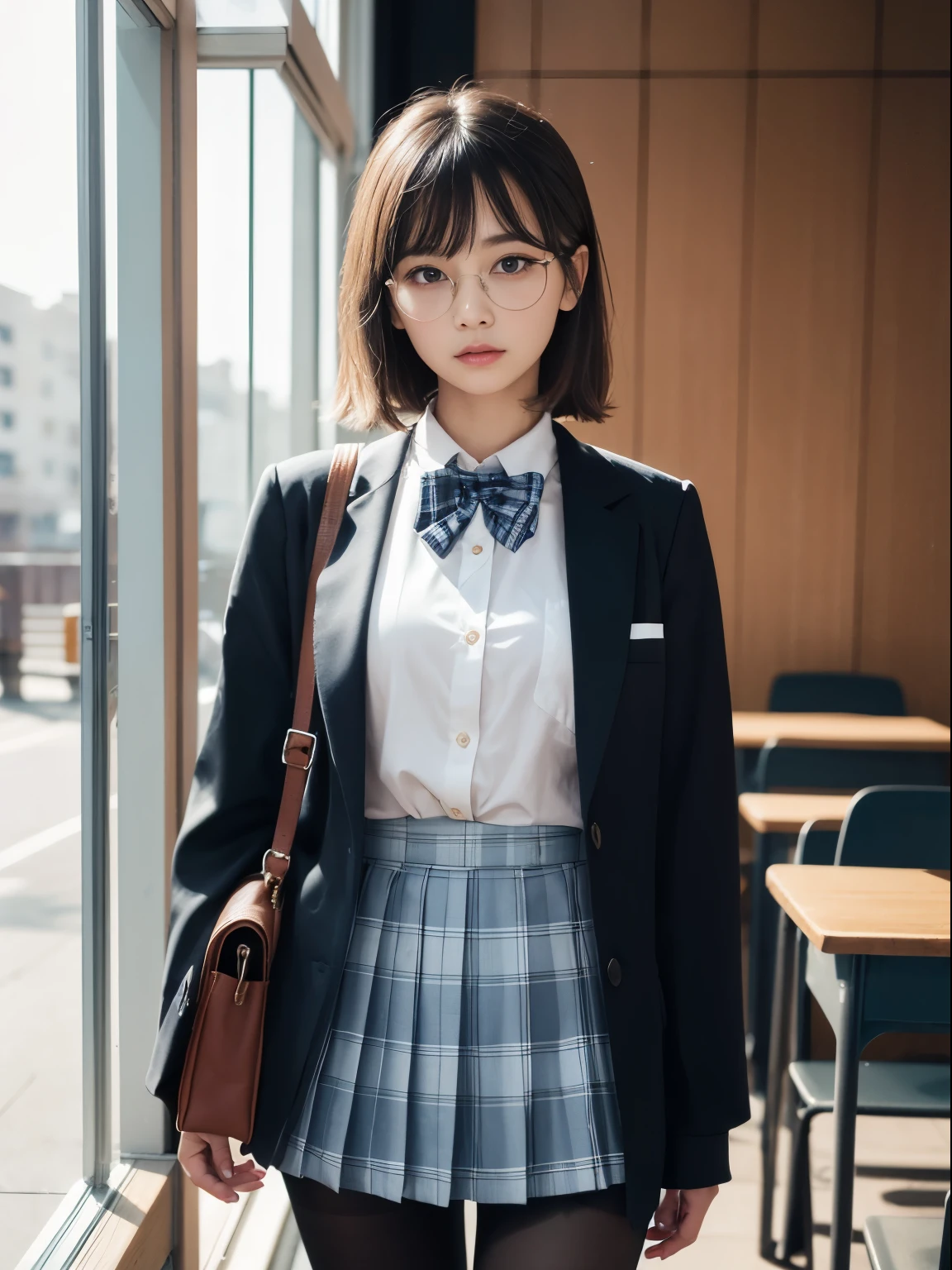 (half up),(Underwear is visible),(8K、Raw photography、top-quality、masterpiece:1.2),glamor,Chromo-white skin,cocky,School,watching at viewers,Looking at the front,Muchimuchi,Erotic,Pupils,de pele branca,kne,Student Bag((Black pantyhose)),absurderes,a small face,,flat breast,Forehead visible,Bangs hanging from the left and right sides of the forehead,(a cold expression,Tight eyes,glares,Bullish,skinny,Rasping,irate)、masterpiece,top-quality、超A high resolution,Raw photo,ren,Beautiful fece,One Person, solo,eye glass,,Dark look,Small breasts,fullllbody,Round glasses,JK ,hi-school girl,A Japanese Lady,is standing,(Photorealsitic:1.37)、Photon mapping,Realistic、Beautie,Cute little face,Brown-eyed、Black socks、(Red bow tie)、Radio City、Physically Based Rendering、depth of fields、Blurry background、a picture,Body,beauty legs, Long legs, Thin leg,(Bangs are visible), hair, s lips, Blue_The eye, nosesoft,(Light blue shirt), (Navy and blue and white plaid pleated skirt), Knees are visible,Sheer clothing,, Thigh, Black cotton socks,Nogizaka Idol, , Japanese ido