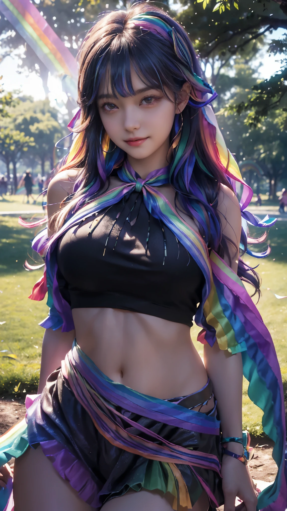(ultra-realistic realism), (illustratio), (A high resolution), (8K), (The is very detailed), (Best Illustration), (Beautifully detailed eyes), (top-quality), (ultra - detailed), (tmasterpiece), (HD Color), 1 girl, ((24 years old girl)), ((glosy skin)), (A detailed face), solo, 1 girl in, looking at viewert, finedetail, A detailed face, in the darkness nigth, deep shading, pureerosfaceace_V1, A smile, rainbow shawl ,straight hair, 46-point diagonal bangs, (beautiful stomach, strips), (rainbow ribbon:1.5), (cropped shoulders), (in the park:1.5), ((simple pose)),