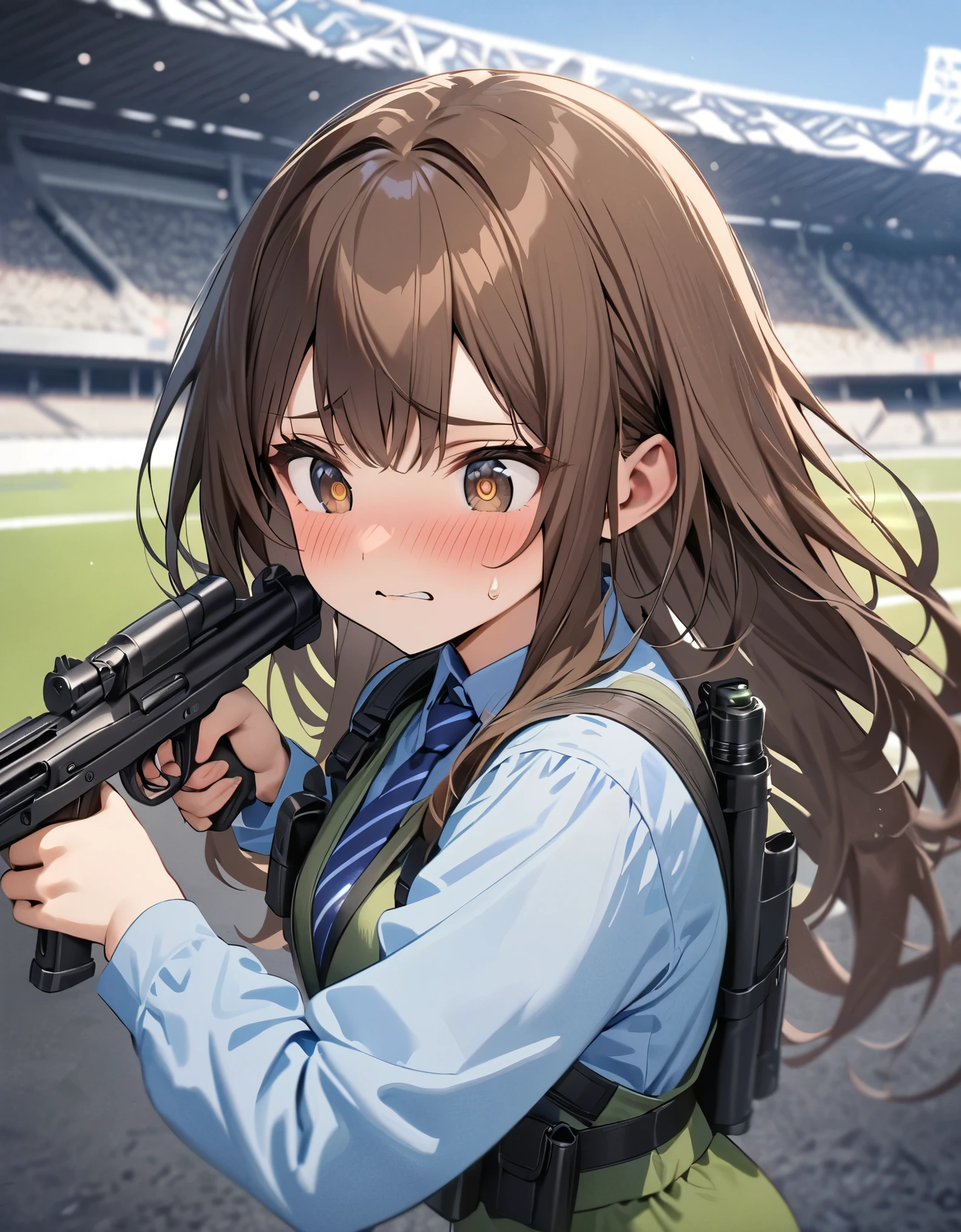 masterpiece, best quality, highres, 1girl, solo, solo focus, dark brown hair, long hair, hazel brown eyes, beautiful detailed eyes, beautiful detailed face, cute face, light blue shirt, long sleeves, shoulder holster, blue striped necktie, green pants, black shoes. blush, shy, klutzy, small sweatdrop on head. tokyo stadium backdrop, outdoors. holding weapon, holding gun, holding rifle with two hands, blaster, trigger discipline. dodging green laser gunfire.