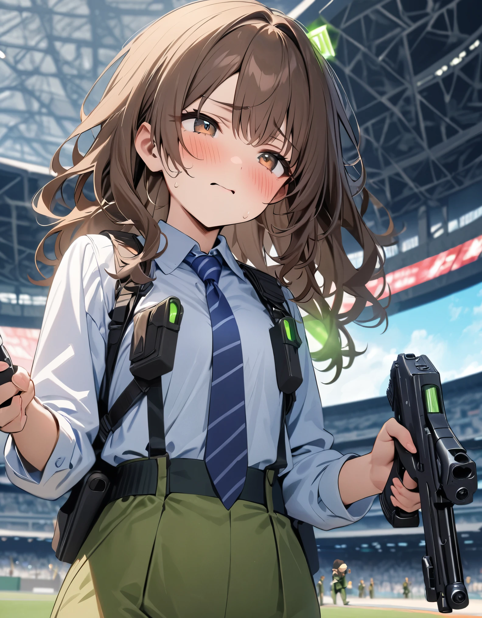 masterpiece, best quality, highres, 1girl, solo, solo focus, dark brown hair, long hair, hazel brown eyes, beautiful detailed eyes, beautiful detailed face, cute face, light blue shirt, long sleeves, shoulder holster, blue striped necktie, green pants, black shoes. blush, shy, klutzy, small sweatdrop on head. tokyo stadium backdrop, outdoors. holding weapon, holding gun, holding rifle with two hands, blaster, trigger discipline. dodging green laser gunfire.