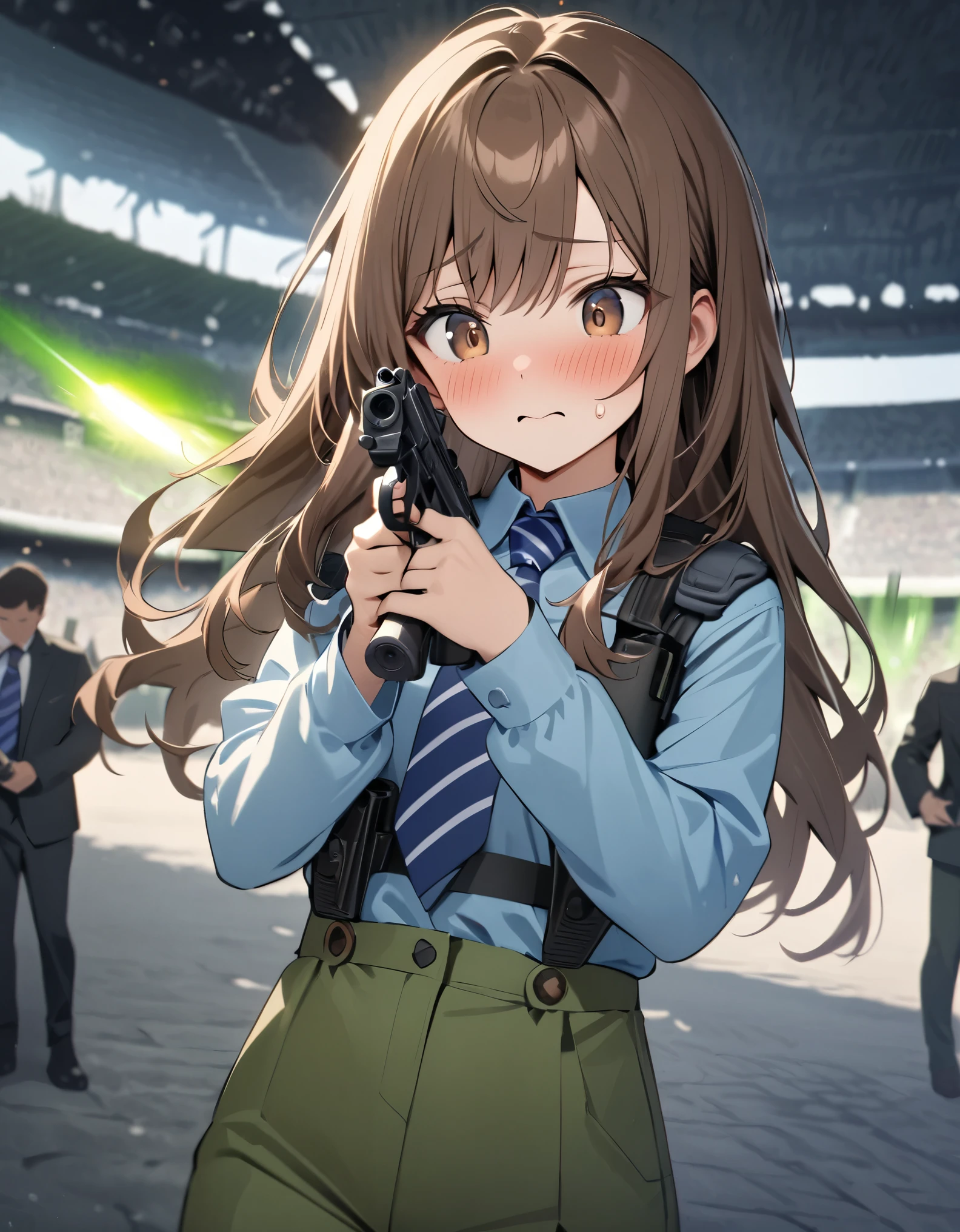 masterpiece, best quality, highres, 1girl, solo, solo focus, dark brown hair, long hair, hazel brown eyes, beautiful detailed eyes, beautiful detailed face, cute face, light blue shirt, long sleeves, shoulder holster, blue striped necktie, green pants, black shoes. blush, shy, klutzy, small sweatdrop on head. tokyo stadium backdrop, outdoors. holding weapon, holding gun, holding rifle with two hands, blaster, trigger discipline. dodging green laser gunfire.