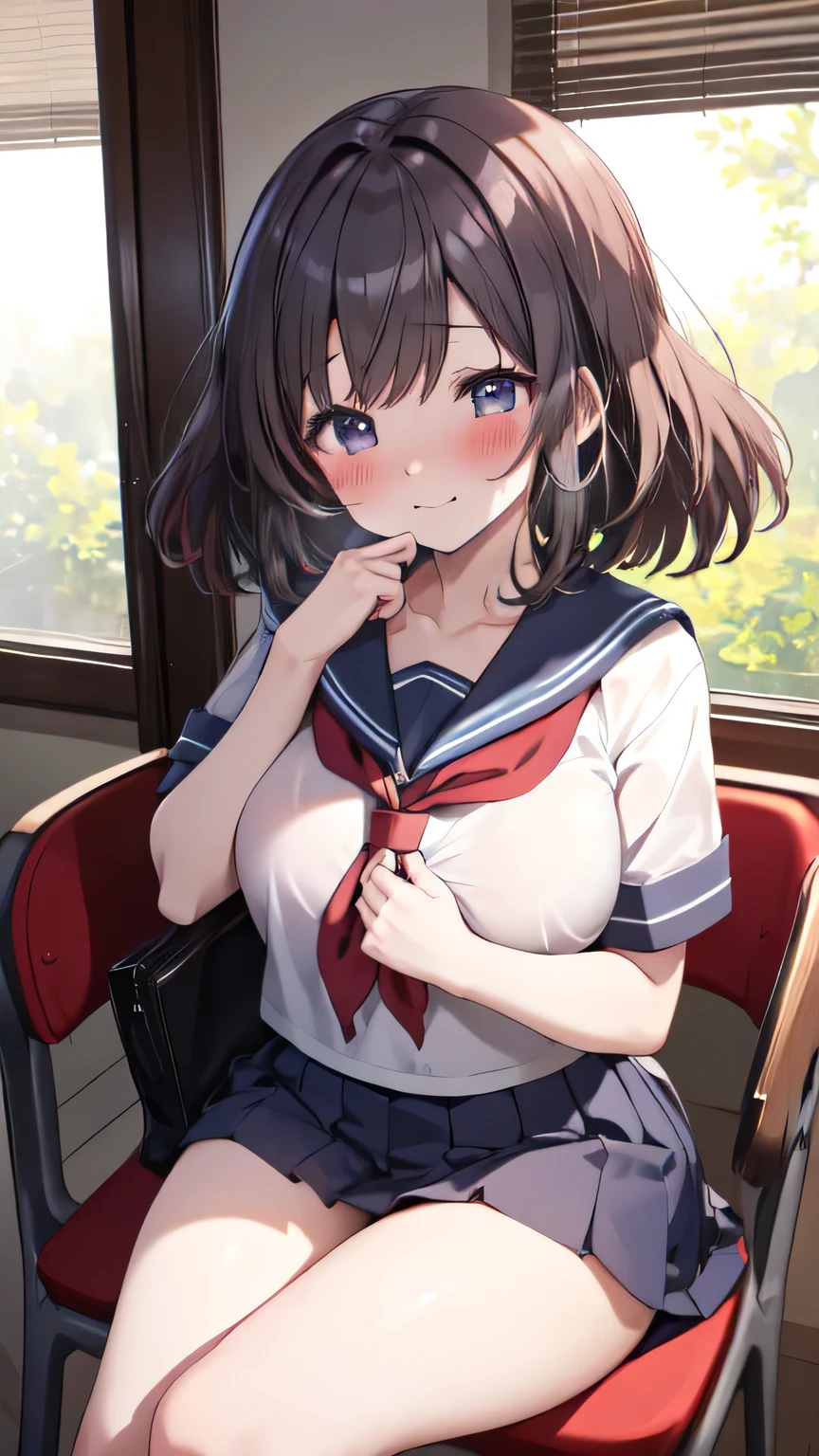 Very detailed、(8k, RAW Photos, highest quality, masterpiece:1.2), (Very detailed 8k wallpaper),shape、Professional Lighting,Sharp focus, Written boundary depth、
Browsing Caution、Clear Eyes、Perfect Anatomy、With a girl、、Cute girl、、Short sleeve serafuku 、(blush:1.5)、、Black Hair、、Plump thighs、Sit on a chair