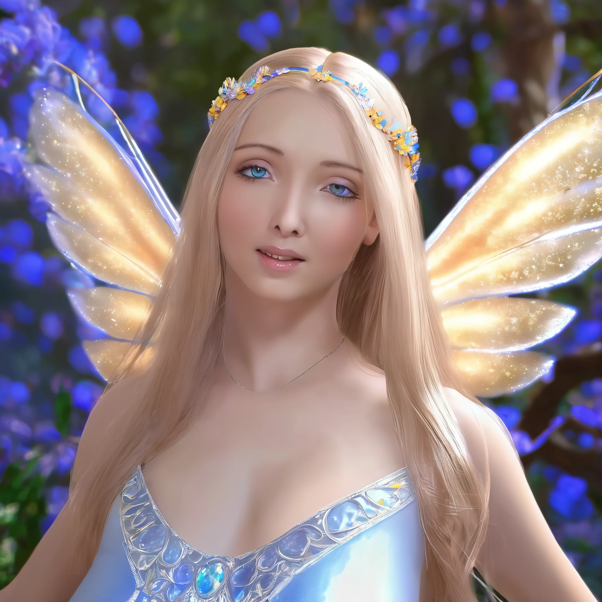 (best quality,4k,8k,highres,masterpiece:1.2),ultra-detailed,(realistic,photorealistic,photo-realistic:1.37),a girl with radiant blonde hair and piercing blue eyes, [angelic] wings spread wide, [delicate] facial features, [translucent, billowing chromatic silks [fluttering gracefully around her], chromatic butterfly wings shimmering in the moonlight, [luminous halo] above her head, [ethereal] glow surrounding her body, [celestial] energy emanating from her being, [starry sky] dotted with twinkling constellations, [magical atmosphere] filled with a sense of wonder, [soft, gentle breeze] rustling through the trees, [serene garden] with colorful blossoms and lush greenery, [enchanted] moon casting a soft glow on the scene, [seraphic] presence inspiring a feeling of awe and serenity, [golden rays of light] illuminating her path, [peaceful harmony] between nature and the divine.