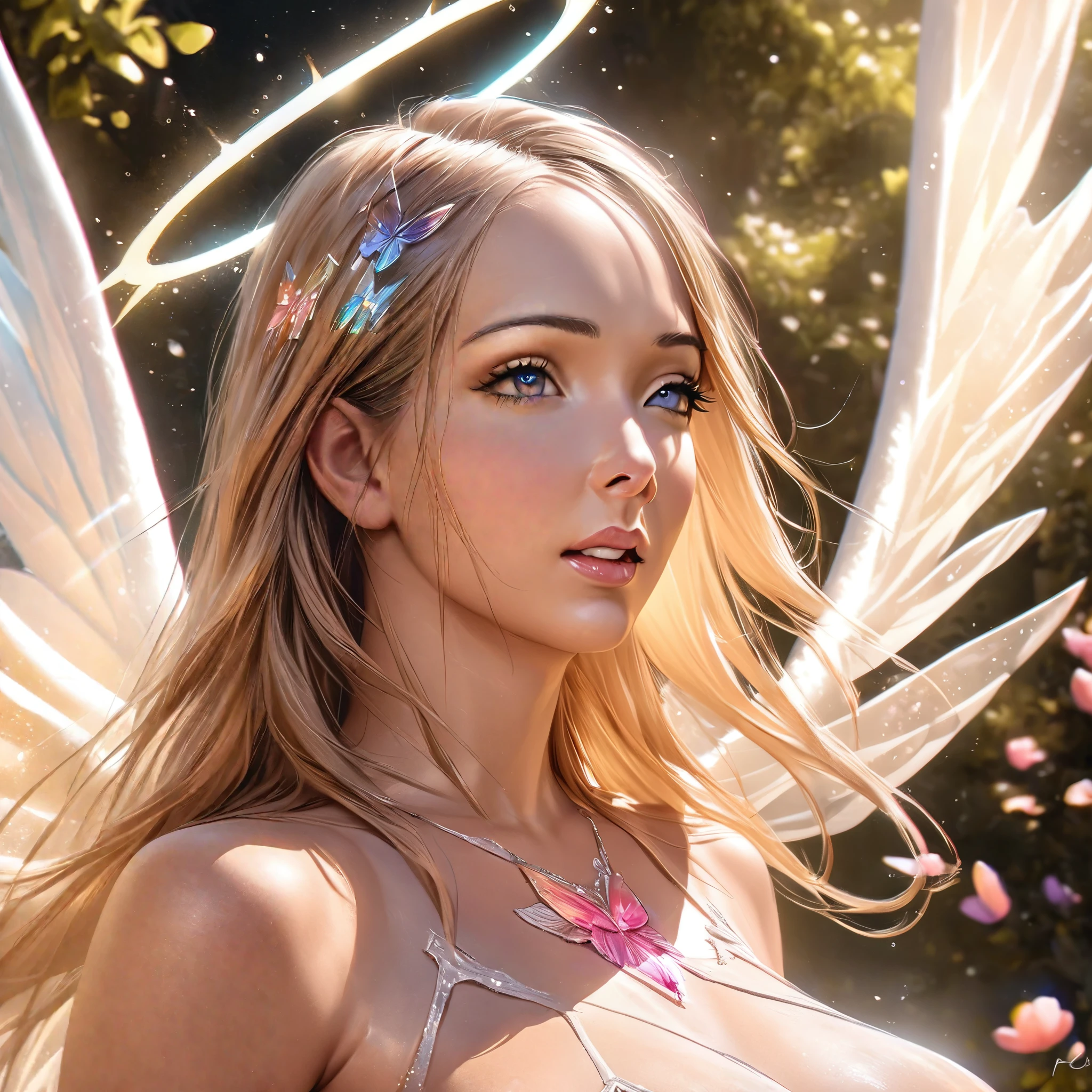 (best quality,4k,8k,highres,masterpiece:1.2),ultra-detailed,(realistic,photorealistic,photo-realistic:1.37),a girl with radiant blonde hair and piercing blue eyes, [angelic] wings spread wide, [delicate] facial features, [translucent, billowing chromatic silks [fluttering gracefully around her], chromatic butterfly wings shimmering in the moonlight, [luminous halo] above her head, [ethereal] glow surrounding her body, [celestial] energy emanating from her being, [starry sky] dotted with twinkling constellations, [magical atmosphere] filled with a sense of wonder, [soft, gentle breeze] rustling through the trees, [serene garden] with colorful blossoms and lush greenery, [enchanted] moon casting a soft glow on the scene, [seraphic] presence inspiring a feeling of awe and serenity, [golden rays of light] illuminating her path, [peaceful harmony] between nature and the divine.