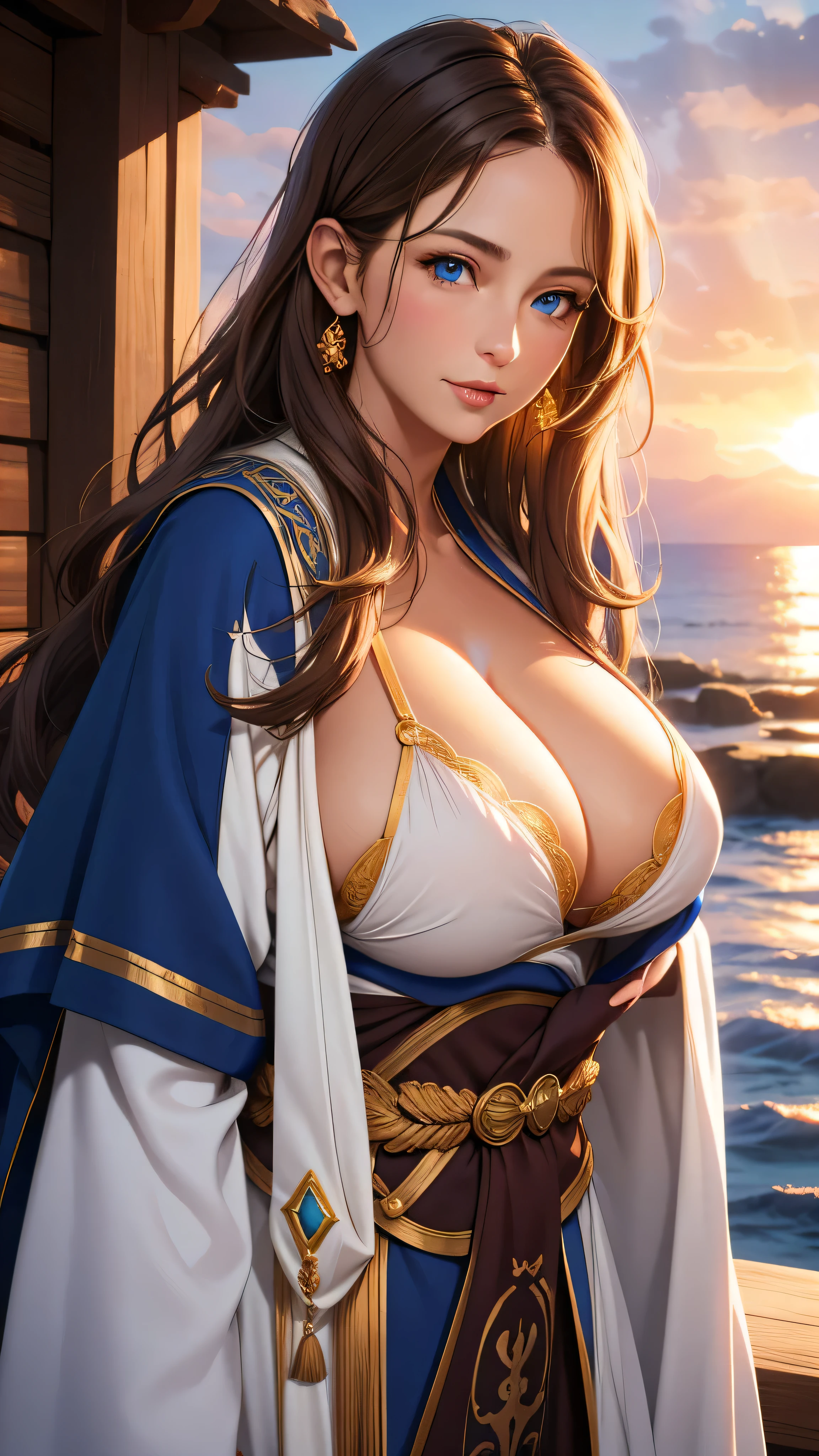 Best quality, 40 year old woman, big breasts, brown messy hair, blue eyes, fancy mage robes, sunset, upper body, sexy, god rays,