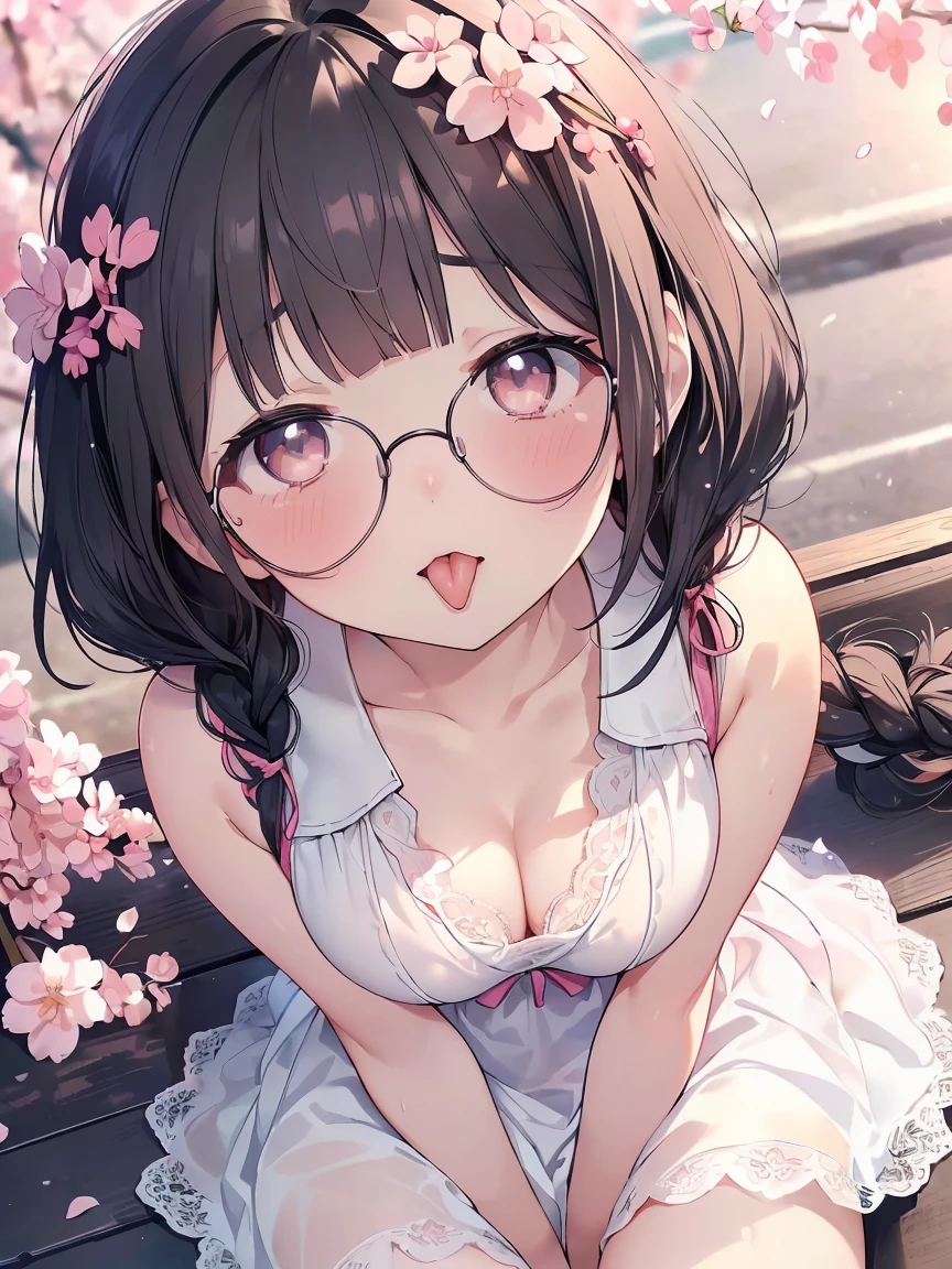 Very detailed, highest quality, High resolution, Moe Anime, ((A cute elementary school girl with black hair and droopy eyes)), ((Wearing large round glasses:1.4)), (Baby Face), Cute eyes, Detailed eye depiction, Sparkle in the eyes, View your viewers, Pale skin, (Big eyes:1.4, Droopy eyes:1.4, Fatty face:1.4), smile, Focus on the face, In the park with cherry blossoms falling, Sitting, (Extreme close up of tongue), (((From above))), Open your mouth, (((Face only:1.3))), ((white lace sleeveless dress)), Bright Eyes, Light from the front, (Put your hands between your legs:1.4), large and long tongue, Cleavage, Braided Hair, Pink ribbon