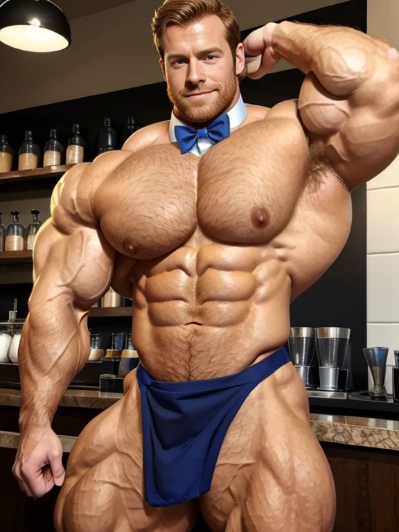 (1boy), (soft smile), tan skin, barista in a french cafe, wearing a bow tie and extremely tight black jockstrap, daylight, drinking a cup of coffee, (muscular:1.5), ginger, (defined muscles:1.5), (beautiful:1.5), (handsome:1.4), (gorgeous:1.3), ginger, flexed chest, black apron, Armie Hammer with radiant blue eyes, hairy