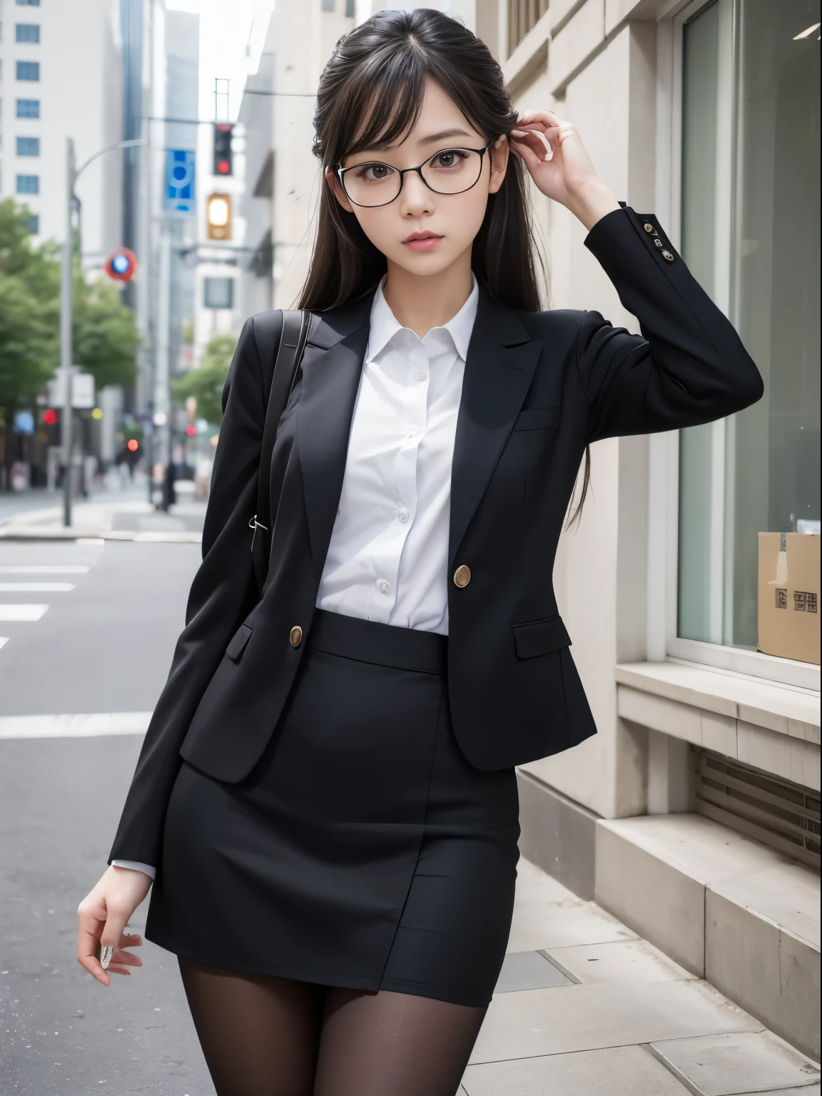 alone、solo、OL in her 20s in office uniform posing for a photo、(Black Pantyhose)、(Half Up),victory、Tsundere、Single knot、OL、suit、blue mini skirt、anger、small、Glasses、slim girl model photo、physical:the smallest middle-aged man in history、female model、Japanese female fashion model、(8k、RAW photo、highest quality、masterpiece:1.2)、(real、photorealistic:1.37)、Super detailed、Ultra high definition、office Street、 standing position、whole body、((((SEXY)))