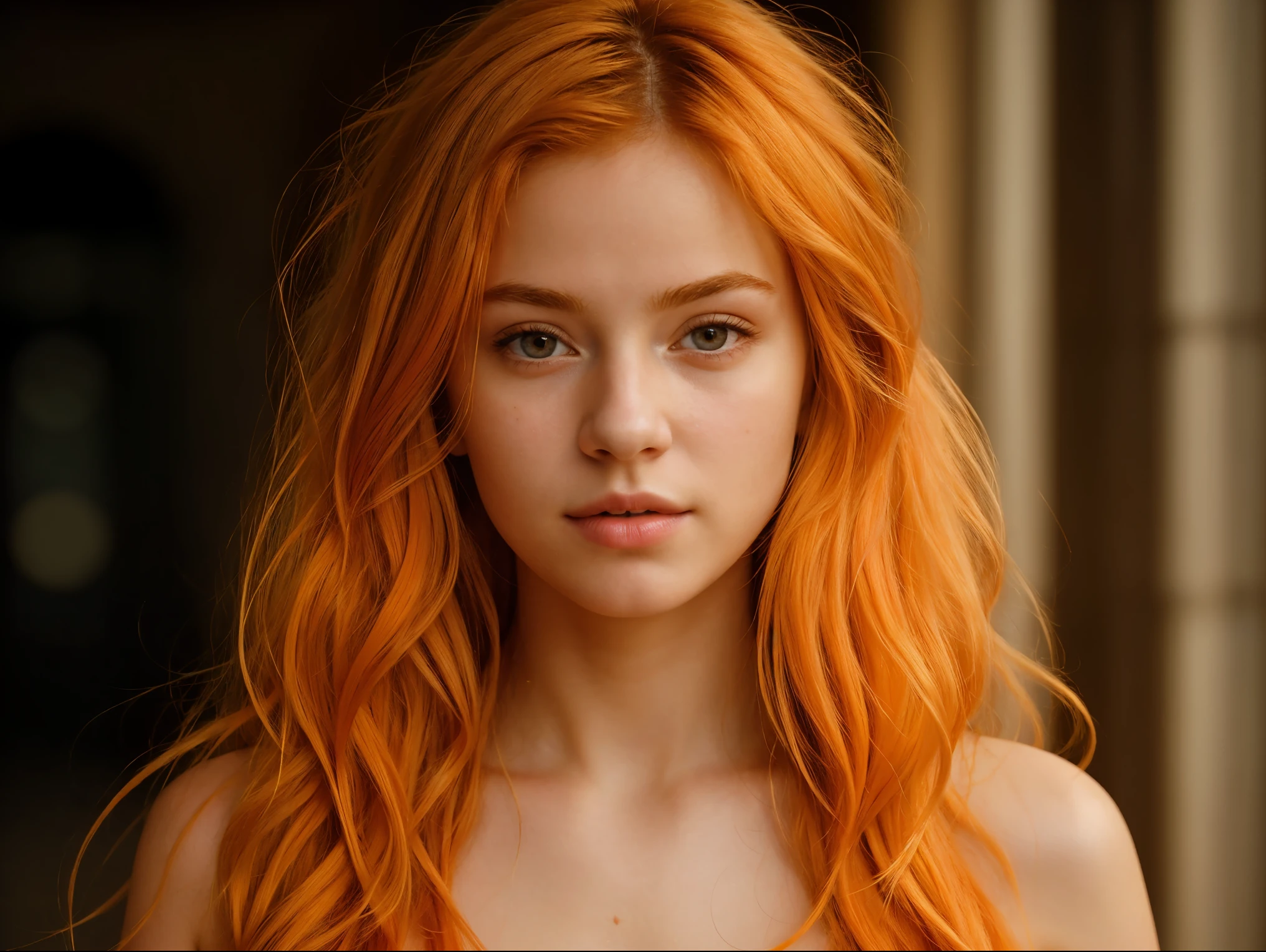 (((masterpiece))), girl 22 year old) (((Caucasian))) french girl with shoulder length messy hair, she is , best quality, illustration, 4K wallpaper, cinematic light, Absurdres, protrait of 1girl, orange crystal hair, glow hair, bloom hair, clothing princess, looking front