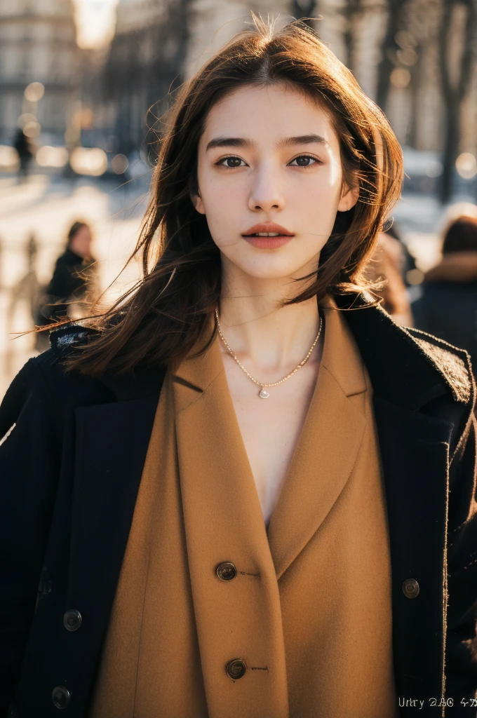 (masterpiece, top quality, best quality,8k, girl,ultra detailed,raw photo:1.5),(photorealistic:1.4),(cinematic lighting), PerfectNwsjMajic, , Surrealism, UHD, ccurate, Super detail, textured skin, High detail, Best quality, dynamic angle, (high nose,White skin),[Beautiful eyes],[flat chest:large breasts:0.5],(1girl),(good anatomy:0.5)), jewelry, necklace, realistic, brown hair, blurry background, blurran, black eyes,paris,fashion,peoples in background, winter coat,dynamic pose, motion blur,Warm sun：1.7,Winter,snow,