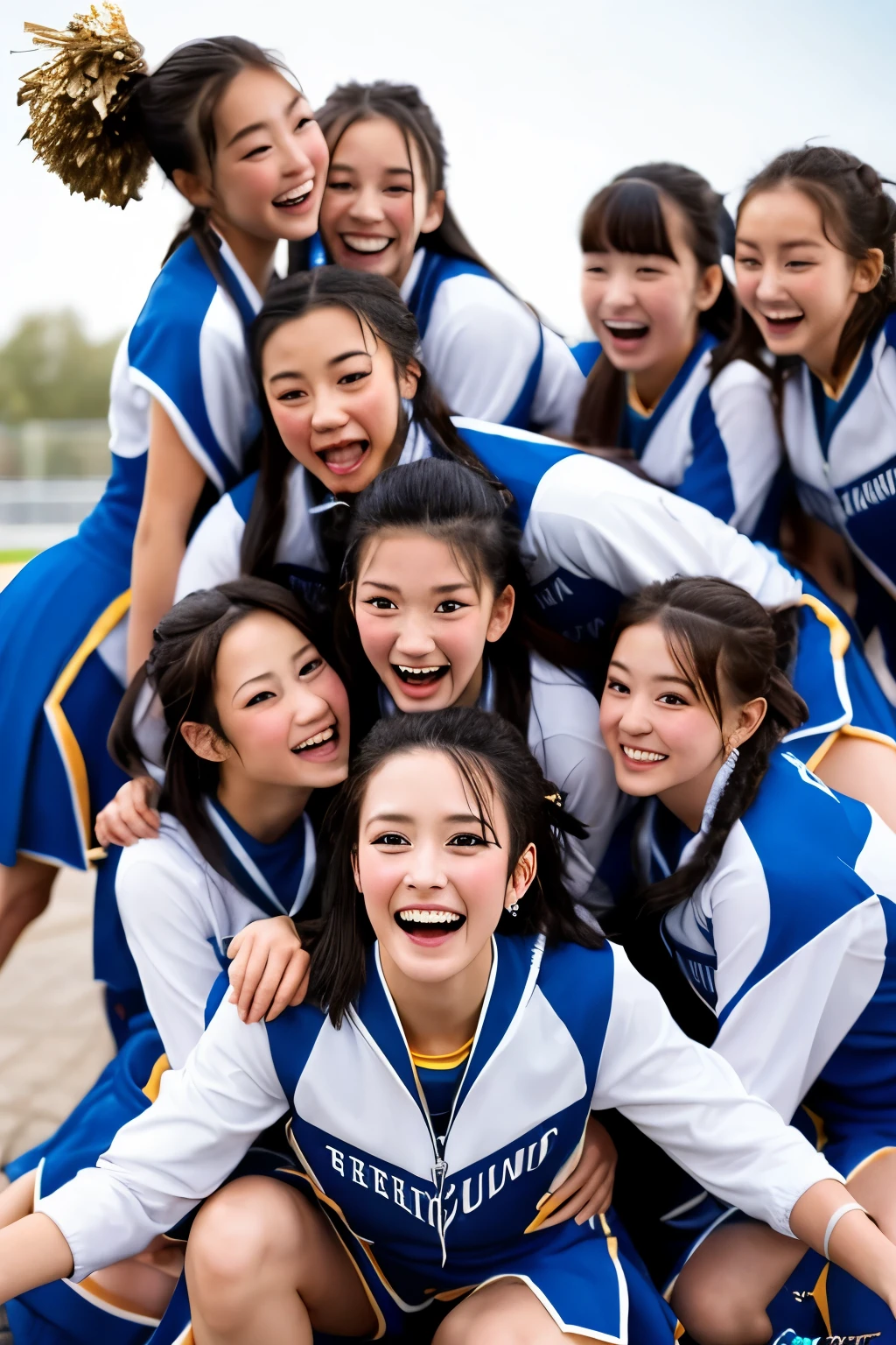 highest quality, masterpiece, detailed skin, detailed clothes, detailed face, a cute girl carrying 20 cute girls on her shoulders, crouching down, cheerleading, whole bodies, pile on, pile up, human tower, more girls wanting to ride