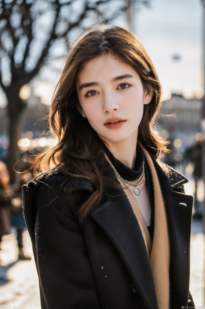 (masterpiece, top quality, best quality,8k,17 years old girl,ultra detailed,raw photo:1.5),(photorealistic:1.4),(cinematic lighting), PerfectNwsjMajic, , Surrealism, UHD, ccurate, Super detail, textured skin, High detail, Best quality, dynamic angle, (high nose,White skin),[Beautiful eyes],[flat chest:large breasts:0.5],(1girl),(good anatomy:0.5)), jewelry, necklace, realistic, brown hair, blurry background, blurran, black eyes,paris,fashion,peoples in background, winter coat,dynamic pose, motion blur,Warm sun：1.7,Winter,snow,
