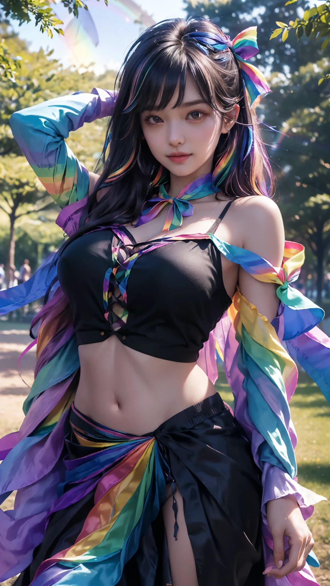 (ultra-realistic realism), (illustratio), (A high resolution), (8K), (The is very detailed), (Best Illustration), (Beautifully detailed eyes), (top-quality), (ultra - detailed), (tmasterpiece), (HD Color), 1 girl, ((24 years old girl)), ((glosy skin)), (A detailed face), solo, 1 girl in, looking at viewert, finedetail, A detailed face, in the darkness nigth, deep shading, pureerosfaceace_V1, A smile, rainbow shawl ,straight hair, 46-point diagonal bangs, (beautiful stomach, strips), (rainbow ribbon:1.5), (cropped shoulders), (in the park:1.5), ((pack pose)),