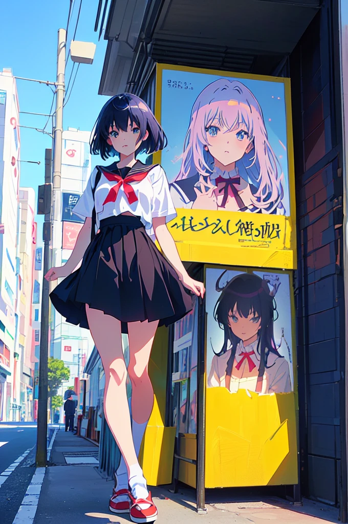 anime character Sukeban delinquent girl  standing on a city street corner in black seifuku with black very long skirt, anime style. 8k, anime style mixed with fujifilm, retro anime girl, anime styled digital art, in tokyo, anime style illustration, anime style 4 k, anime style artwork, anime poster film still portrait, tokyo anime scene, modern anime style, anime style digital art, short hair, 26year old, red converse,