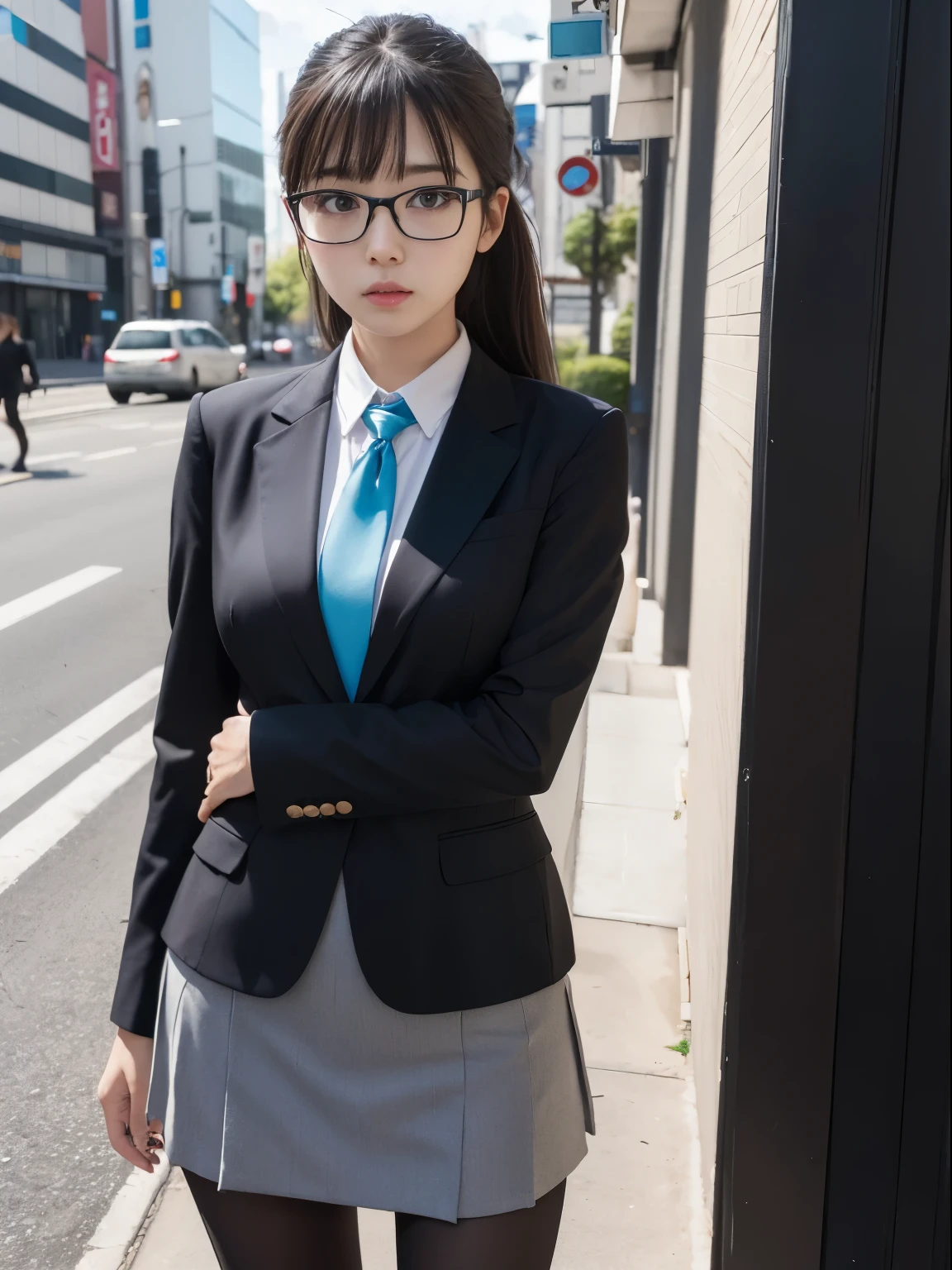 alone、solo、OL in her 20s in office uniform posing for a photo、(Black Pantyhose)、(Half Up),victory、Tsundere、Single knot、OL、suit、blue mini skirt、anger、small、Glasses、slim girl model photo、physical:the smallest middle-aged man in history、female model、Japanese female fashion model、(8k、RAW photo、highest quality、masterpiece:1.2)、(real、photorealistic:1.37)、Super detailed、Ultra high definition、office Street、 standing position、whole body、((((SEXY)))