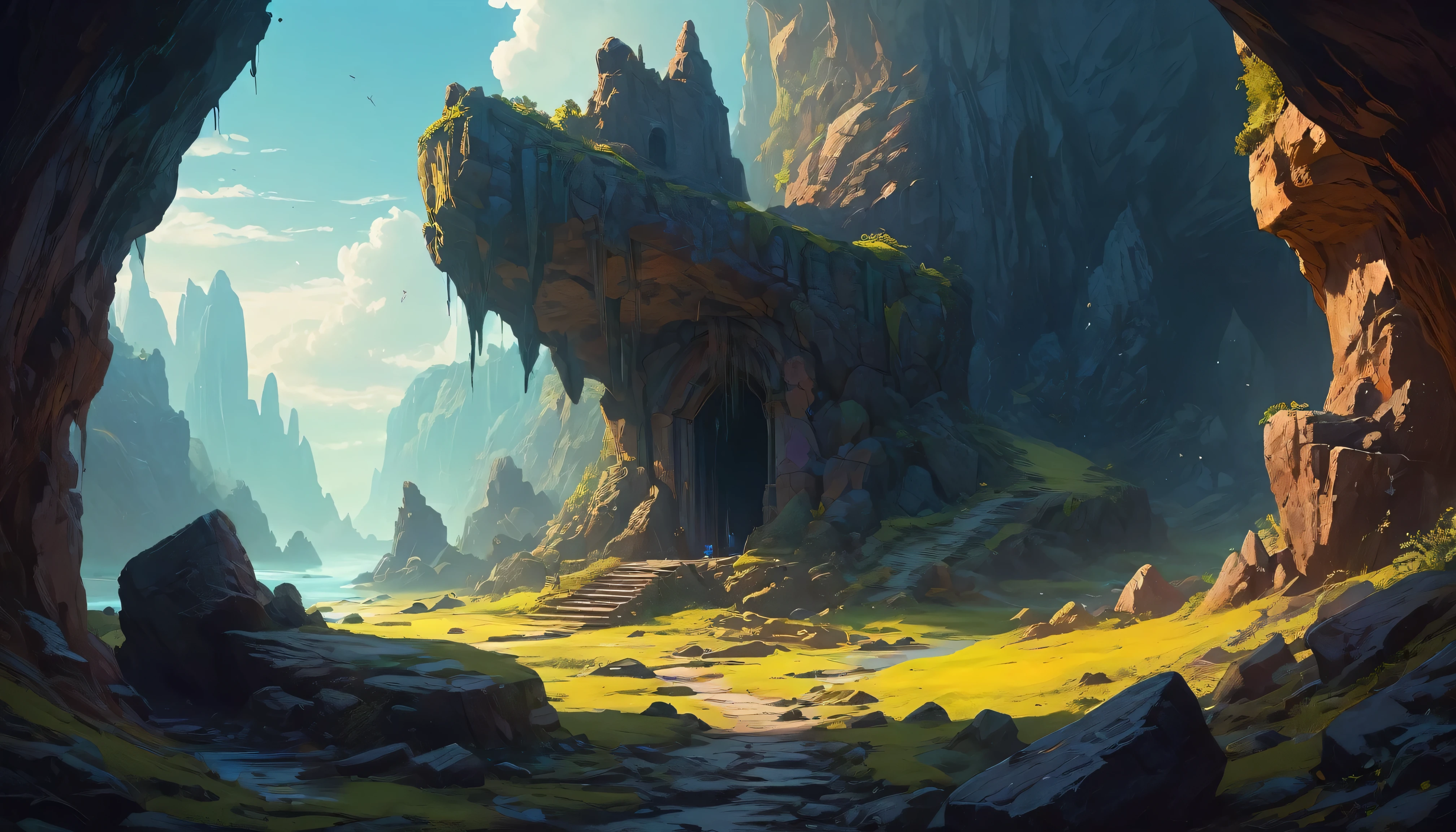 (by Greg Rutkowski: 1.2), (masterpiece), (best quality), extremely delicate and beautiful, illustration, vibrant colors, (fantasy landscape), A mesmerizing fantasy with enchanting elements blending seamlessly. (an entrance to a monster liar, rocky cave, haunting atmosphere, mysterious, dark hue, bones scattered)