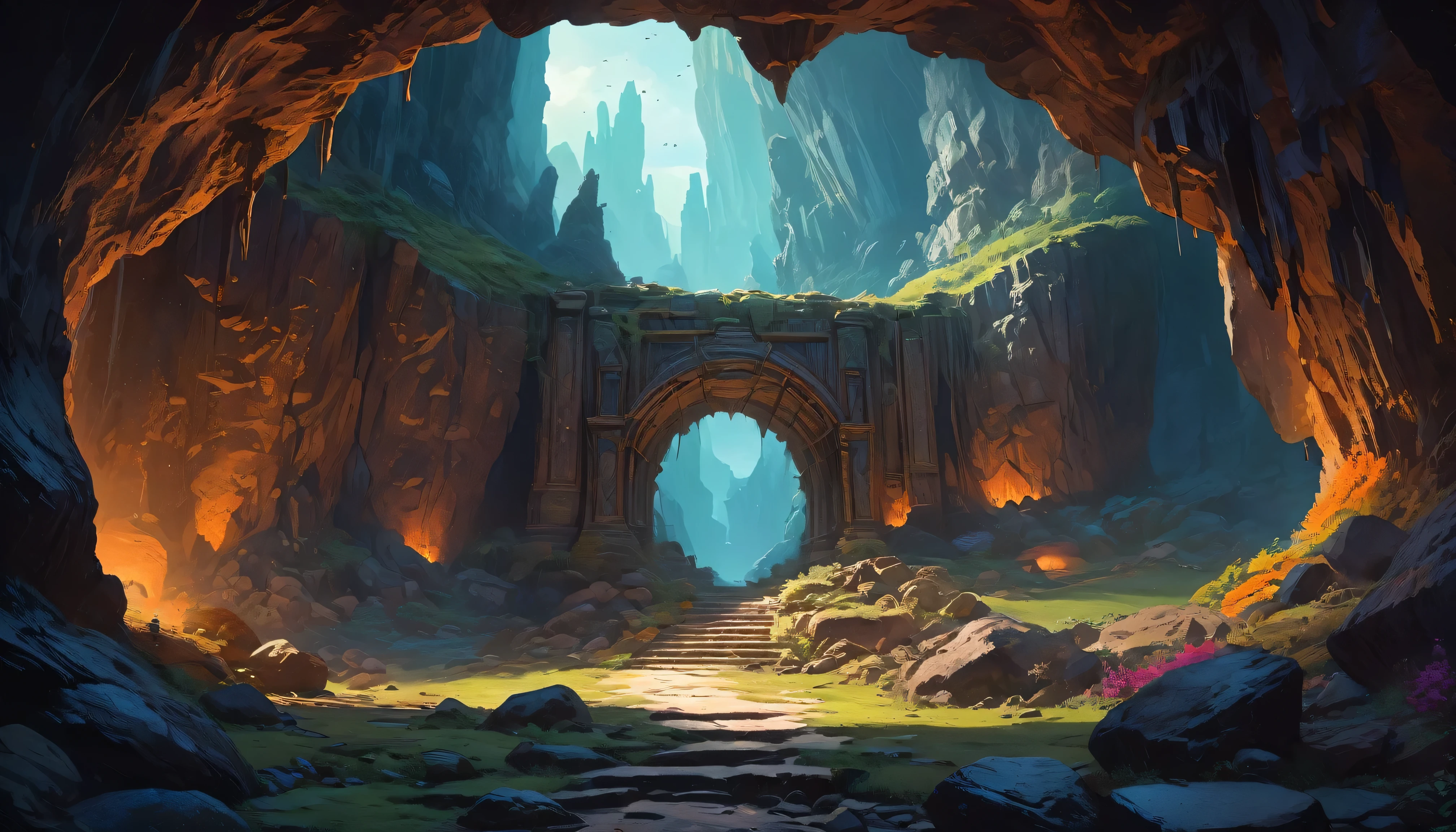 (by Greg Rutkowski: 1.2), (masterpiece), (best quality), extremely delicate and beautiful, illustration, vibrant colors, (fantasy landscape), A mesmerizing fantasy with enchanting elements blending seamlessly. (an entrance to a monster liar, rocky cave, haunting atmosphere, mysterious, dark hue, bones scattered)