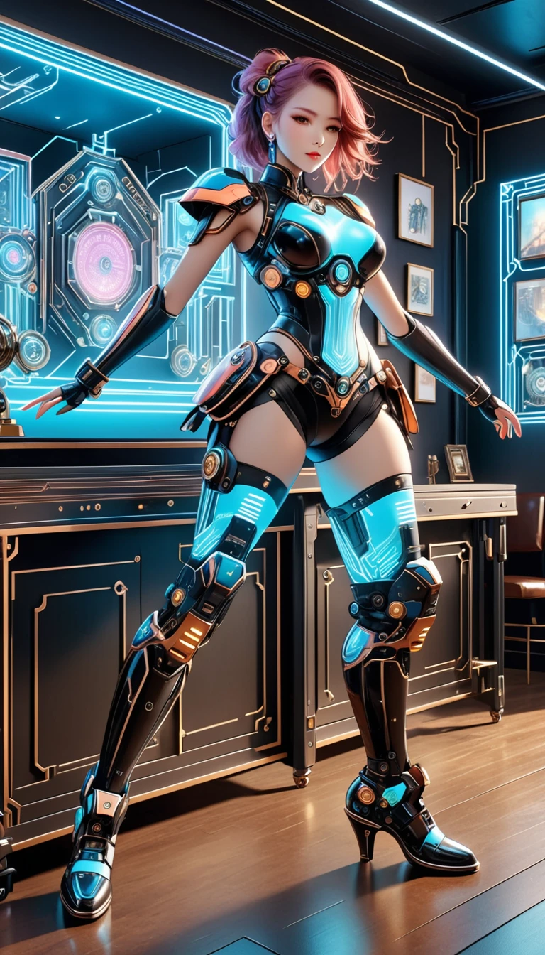 Beautiful female mecha, Translucent mech, Iridescent neon color wiring diagram and LEDs all over face and body, Photo frames and backgrounds mixed and fused with steampunk, Cyberpunk and Clockpunk, Background Analysis Room, (Full body shot), (Mechanical shoes:1.2), (Black laser stockings), Super Fine, Unbelievably ridiculous, Extremely detailed, Delicate and dynamic, Surrealism, rococo style, Cubist Futurism, Futurism, first-person view, pov, (anatomically correct), best quality, 8k, UHD, masterpiece, ccurate, textured skin, super detail, award winning, best quality