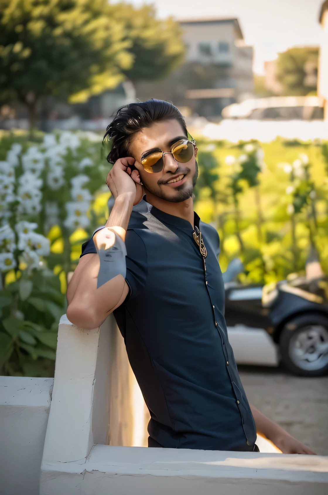 (RAW photo, best quality, highest quality, masterpiece:1.2), (realistic, photo-realistic:1.37), ultra high res, (1 boy 24 year's old, Tirkish handsome:2.0), (summer night sunset:1.3), (black round neck plain Tee-shirt, blue jeans:1.3), (standing in flower field:1.4), (focus face:1.3), (high contrast:1.1), (detailed background:1.3), dynamic pose, intricate detail, delicate pattern, (vibrant, colorful:1.3), (high sharpness), middle eastern guy, fashion posing, short black hairstyle, plain regular fit Tee-shirt no printing on Teeshirt, light bearded, Turkish boy. Smiling sunglasses 