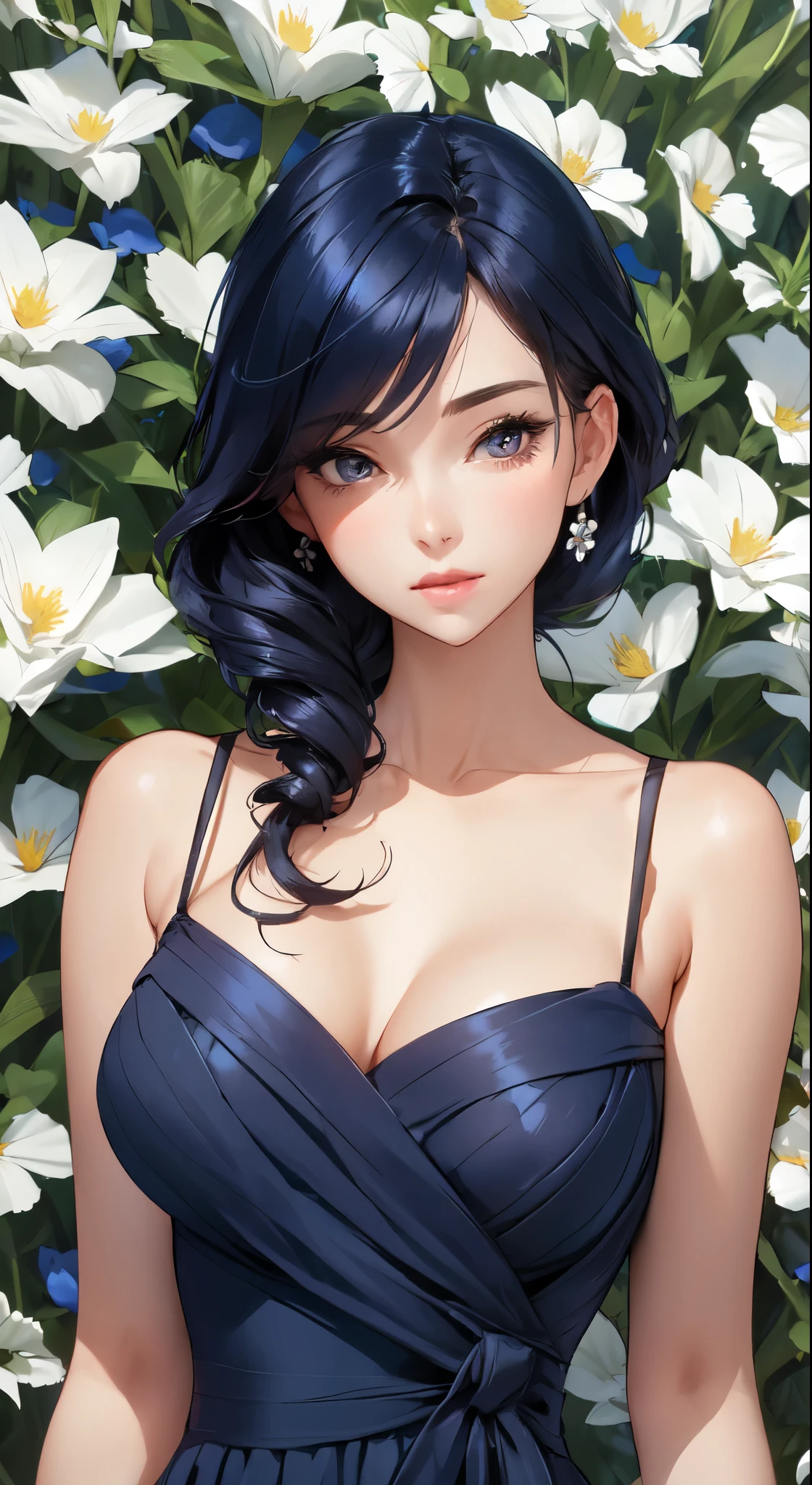 a woman in a navy blue dress standing in front of flowers, beautiful comic art, beautiful alluring anime woman, beautiful anime woman