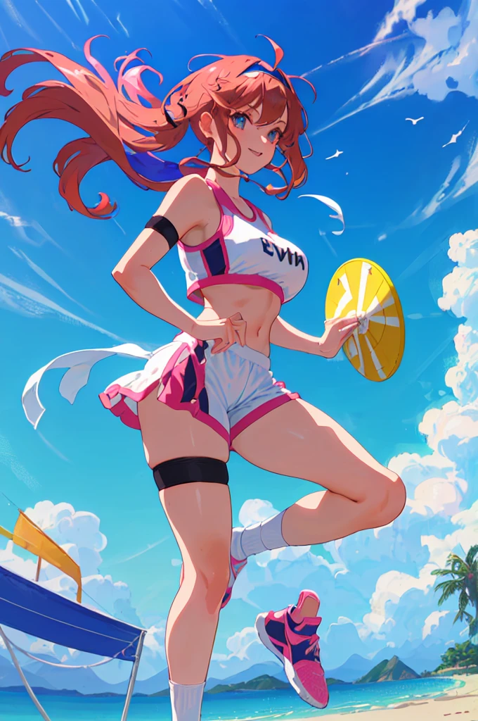 imagined a girl in extreme sport outfit playing to a flying disc game in a beach arena game sport, masterpiece, ultra-detailed, 80's anime (style), 2D, megapixel, perfectionism, full HD , 4K, (windjammers), windjammers sport game, windjammers 2 (((((solo mature anime woman,)))))++++++++++++++++++, looking at viewer, full body, brown hair and pink hair, short hair, weird hair, smile, lips, eyelashes, medium breasts, gym uniform, uniform, gym shorts, headband, sports bra, elbow pad, knee pad, extreme sports outfit 80's theme, beach background, playing flying disc game on a beach court game, sea, sun in the sky, sports wear