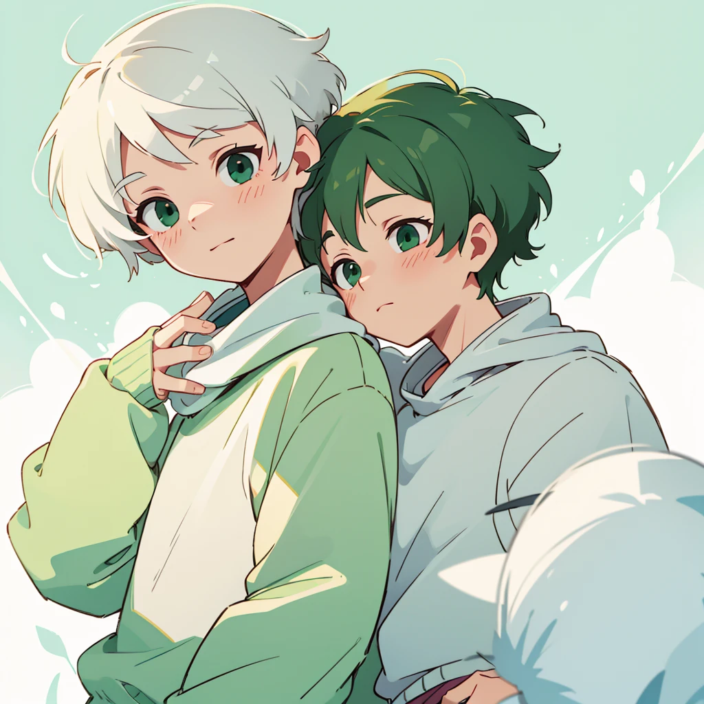 Soft boy with twenty years old,white shortcut hair,green sleepy eyes ,soft smile,sweatshirt